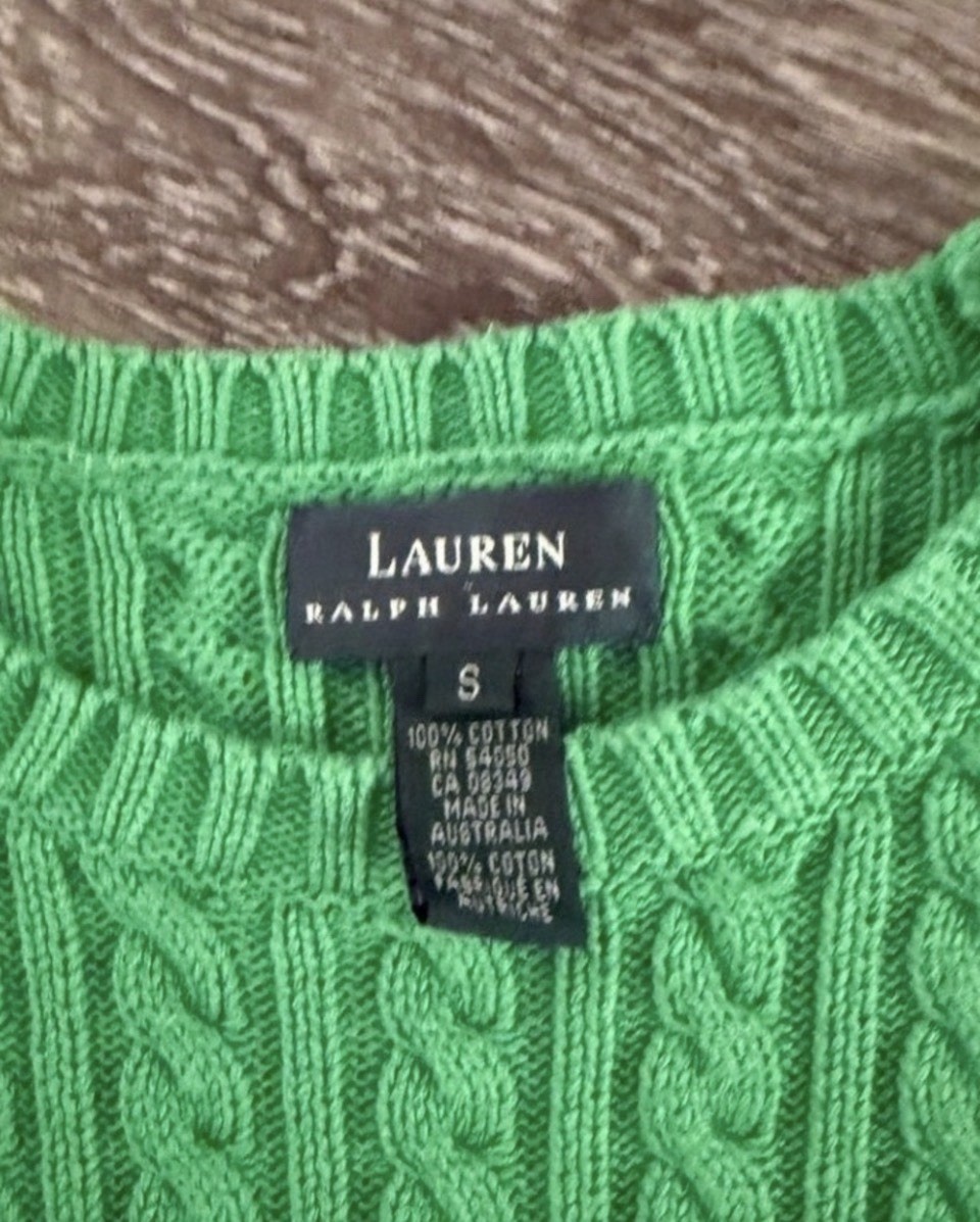 Lauren Ralph Lauren Green Cable-Knit Crew Neck Pullover Cotton Raglan S
