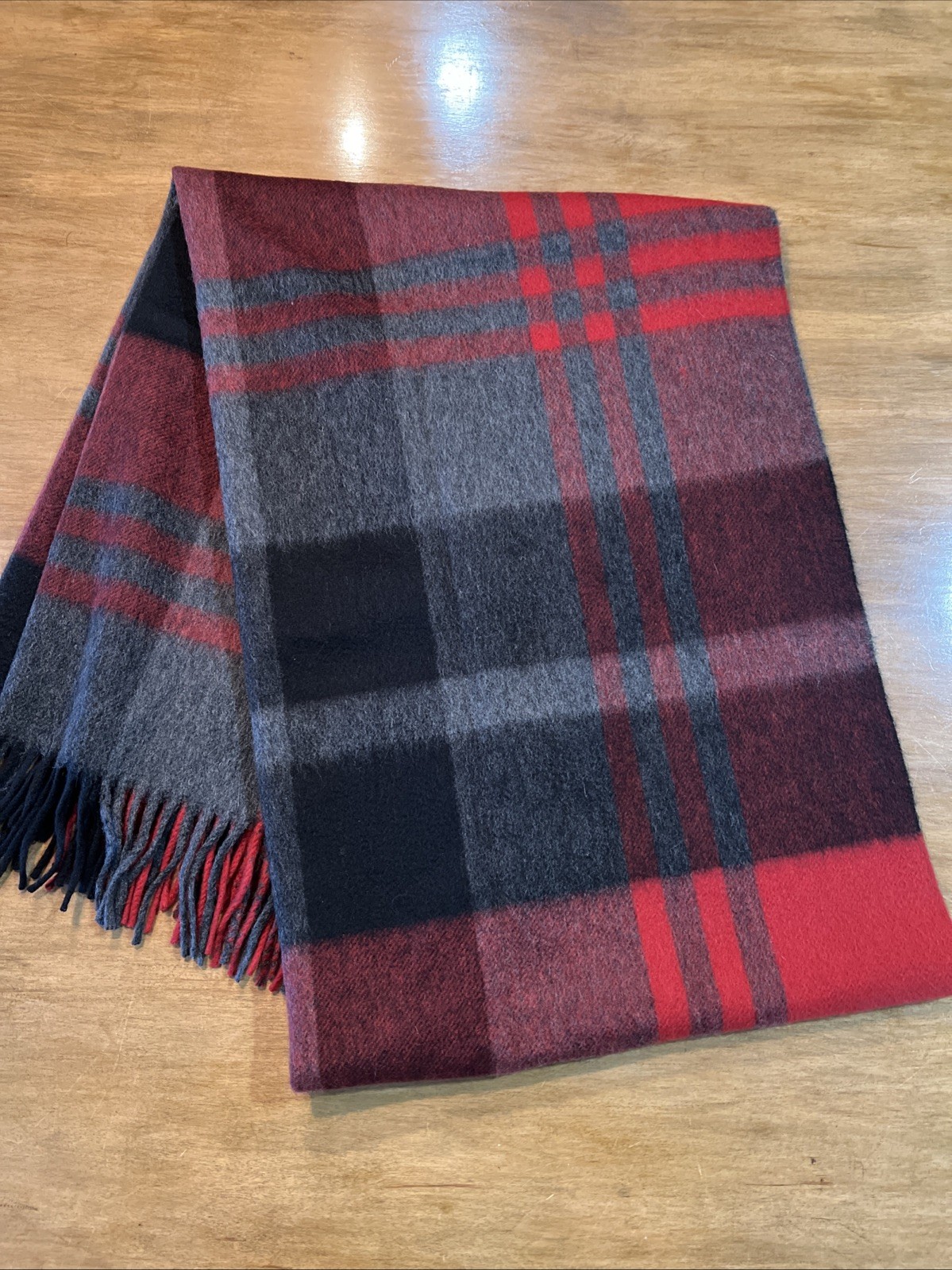 Joshua Ellis 100% Cashmere Red Gray Plaid Check Scarf 28×75