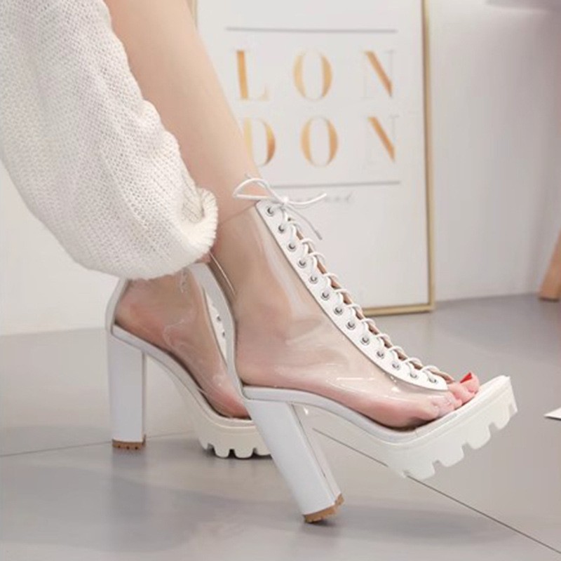 Transparent Cool Boots Women Open Toe Sexy Block Heels Lace Up Back Zipper Shoes