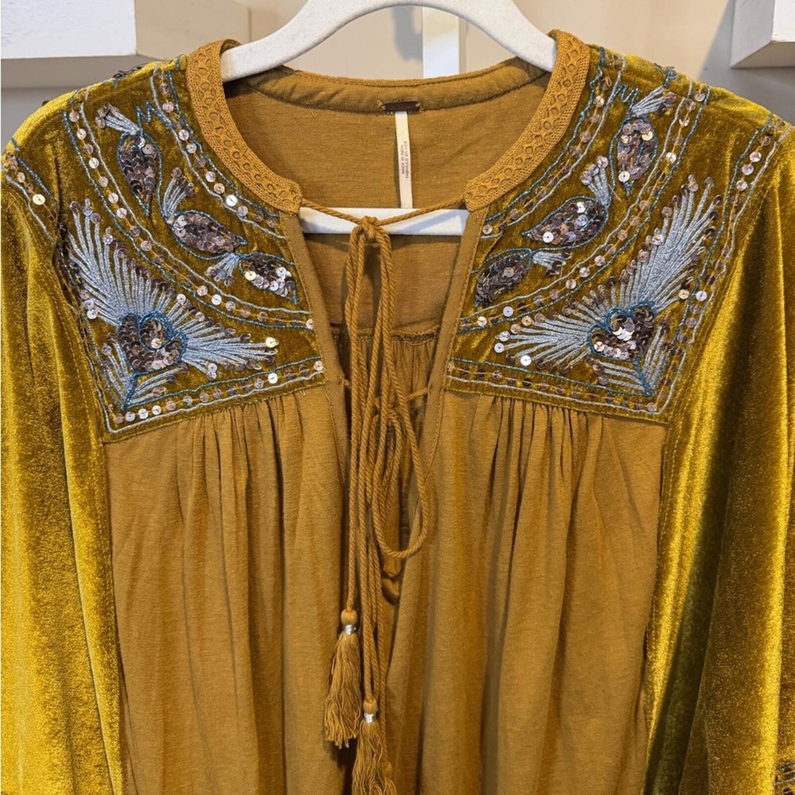 Free People Hearts Aflame Oversized Gold Velvet Embroidered Blouse