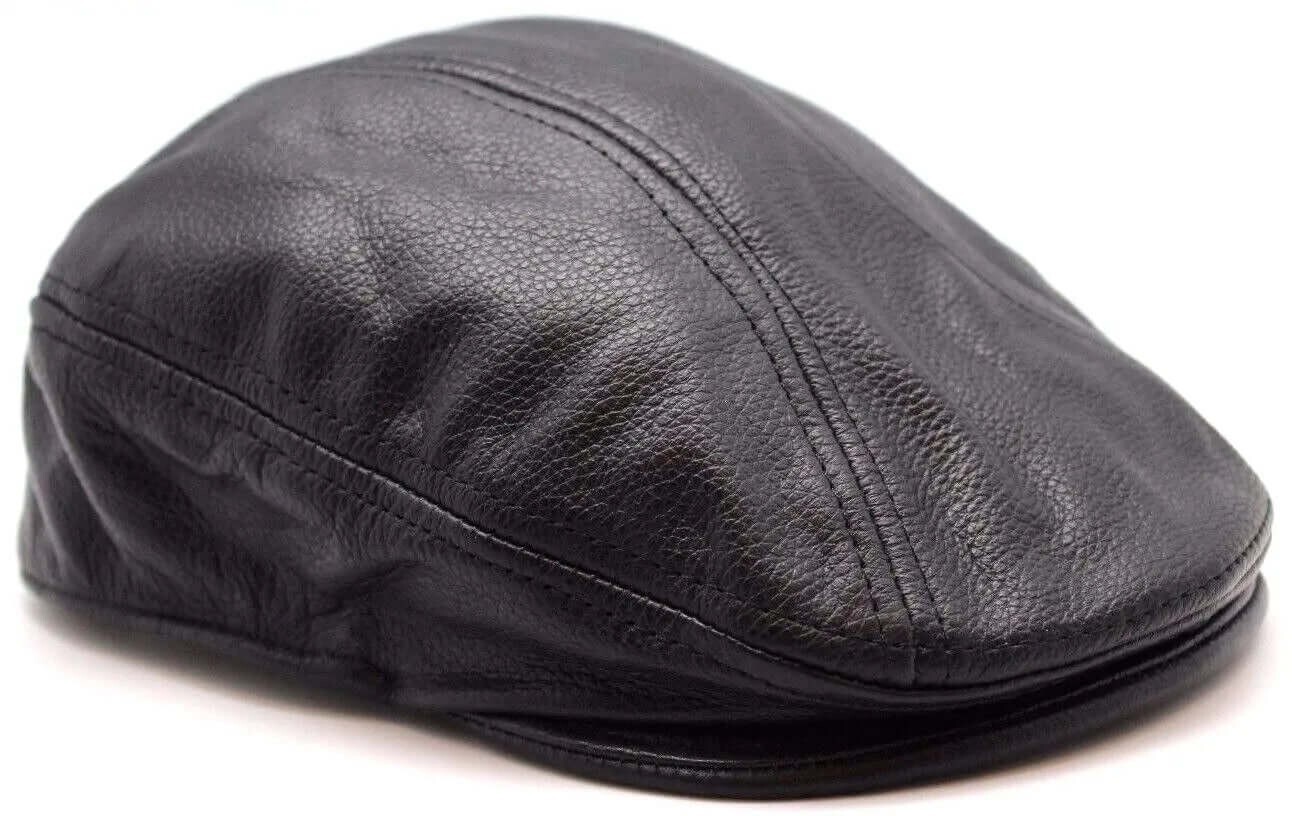 Men’s Real Leather Gatsby Black Cap Golf Driving Ascot Flat Cabbie Ivy Newsboy