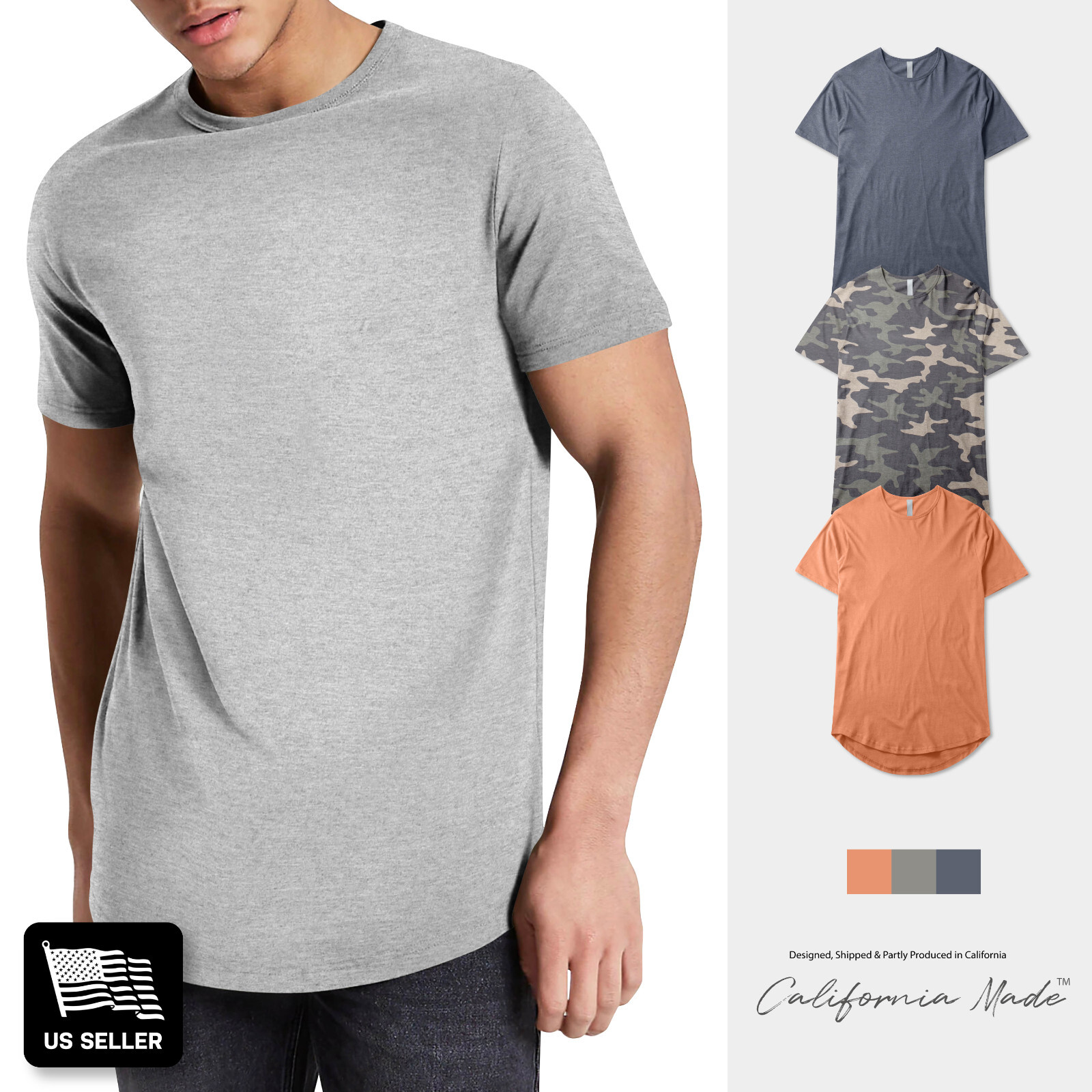 Mens Longline T Shirts Casual Extended Back Hip Hop Hemline BASIC HIPSTER Tee