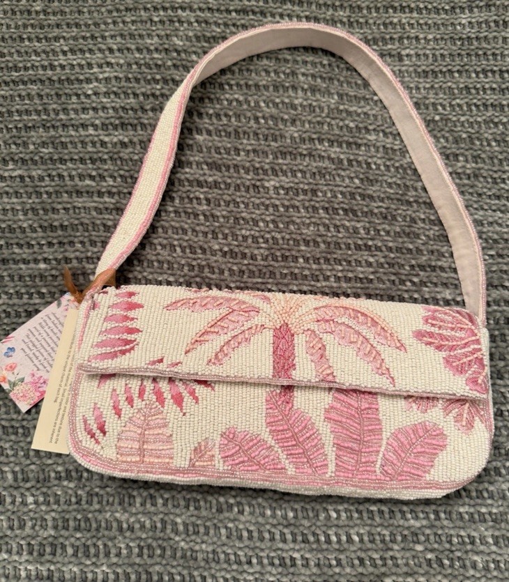 New Beaded Pink Palm Tree Shoulder Bag Handcrafted In India 🌴✨