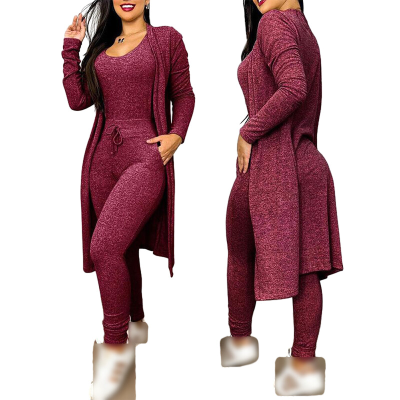 Women Outfit U-Neck 2 Pcs Sleeveless Skinny Jumpsuit & Long Sleeve Coat Cardigan