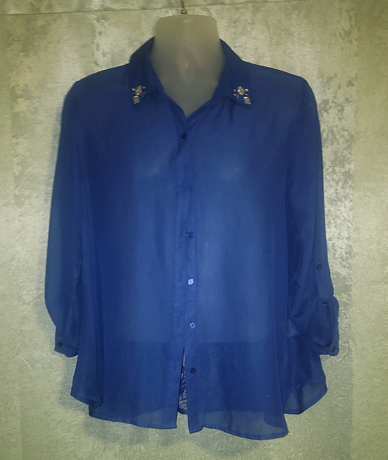 BONGO Women’s Blue Solid Sheer Lace Button-Up Collared 3/4 Sleeve Blouse L/G
