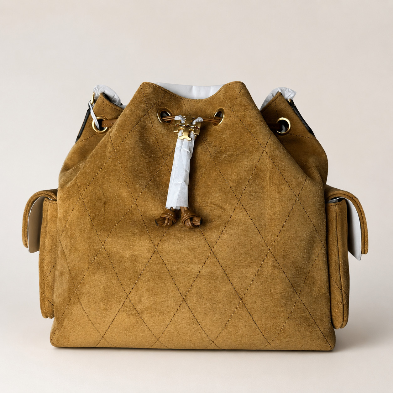 Authentic Tory Burch Charlie Quilted Toffee Suede Drawstring Bag Wild Tabacco