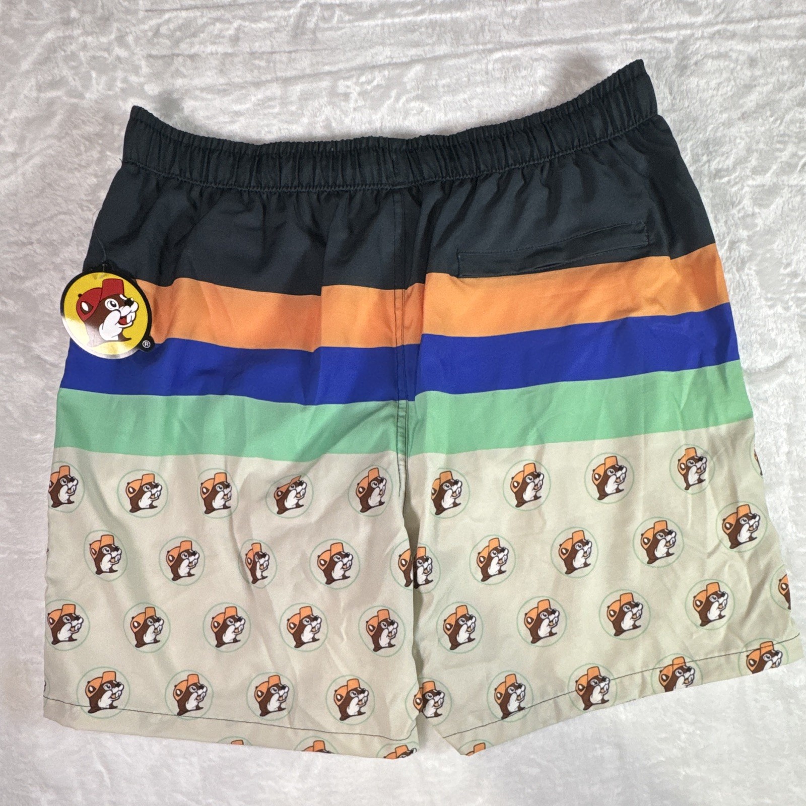 Buc-ee’s Men’s Large Swim Trunks Beaver Logo Print Beach Board Shorts Drawstring
