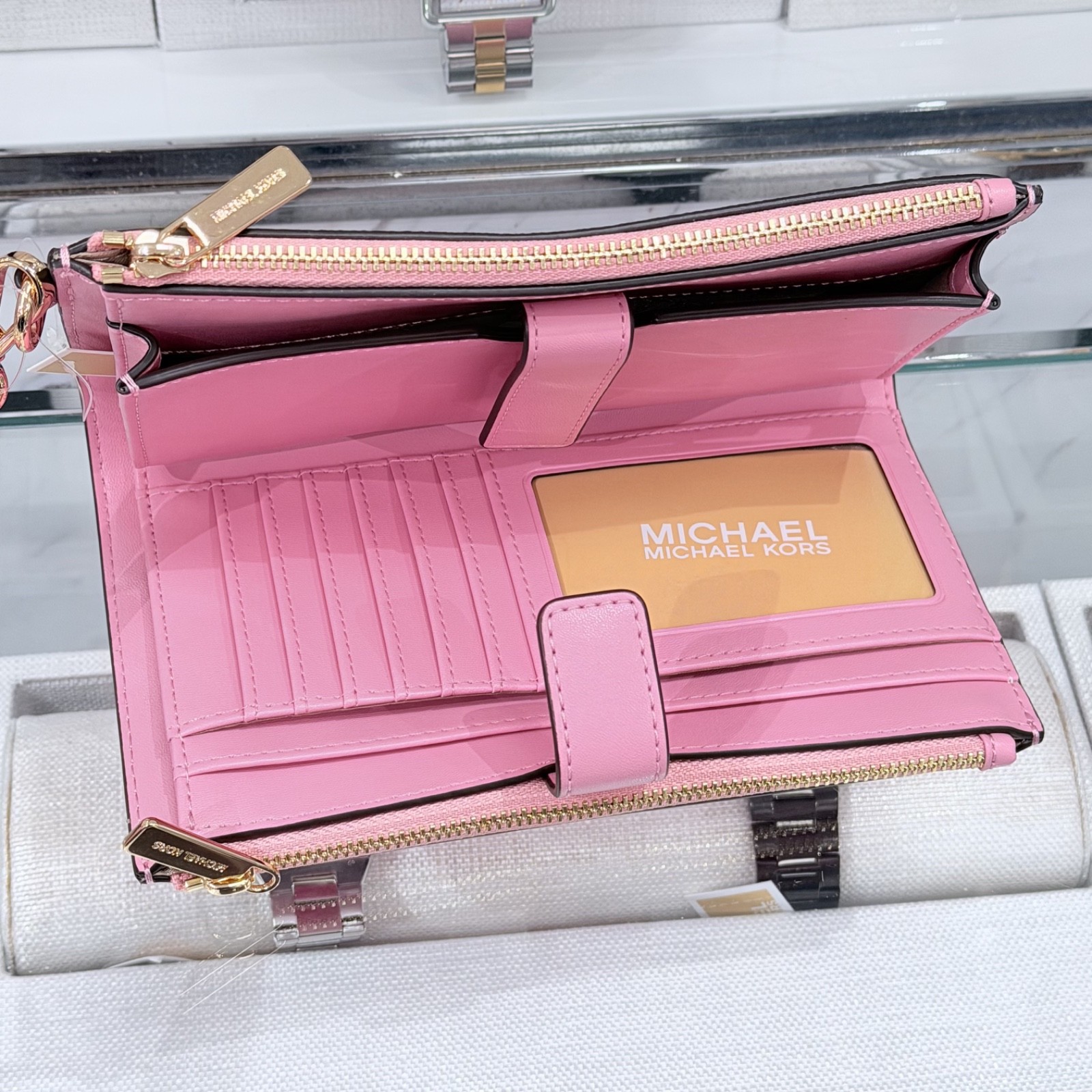 Michael Kors Jet Set Travel Double Zip Wristlet Wallet MK Logo Ombre Carnation