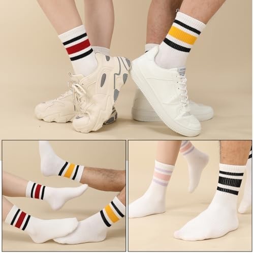 6 Pairs Retro Stripe Tube Socks Classic Athletic Sport Running Crew Casual Cotto