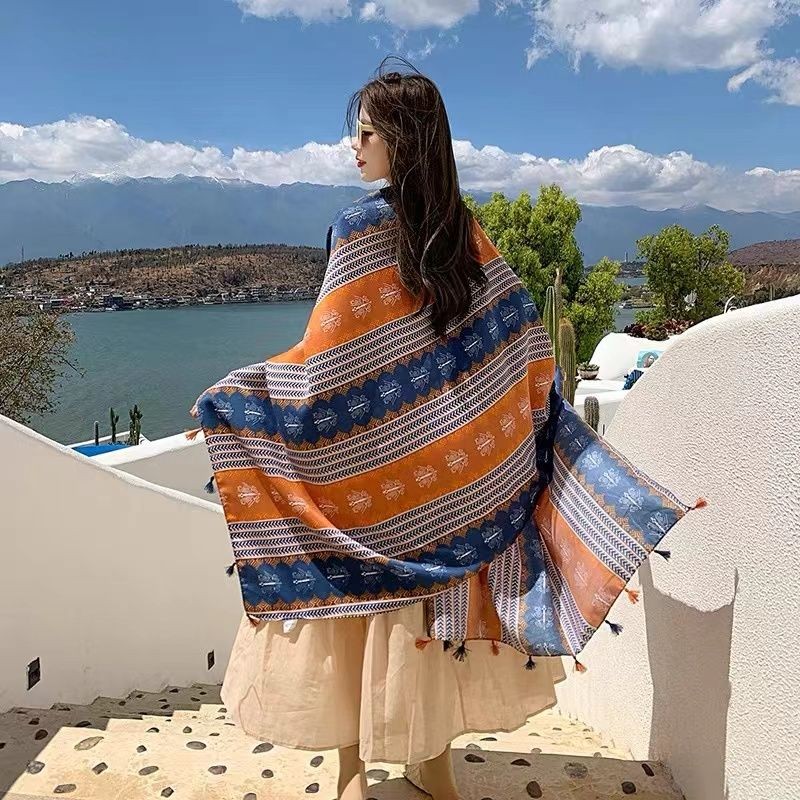 Ethnic Cotton Linen Scarf Shawl Long Wrap Lightweight Cover for Travel Sun Beach