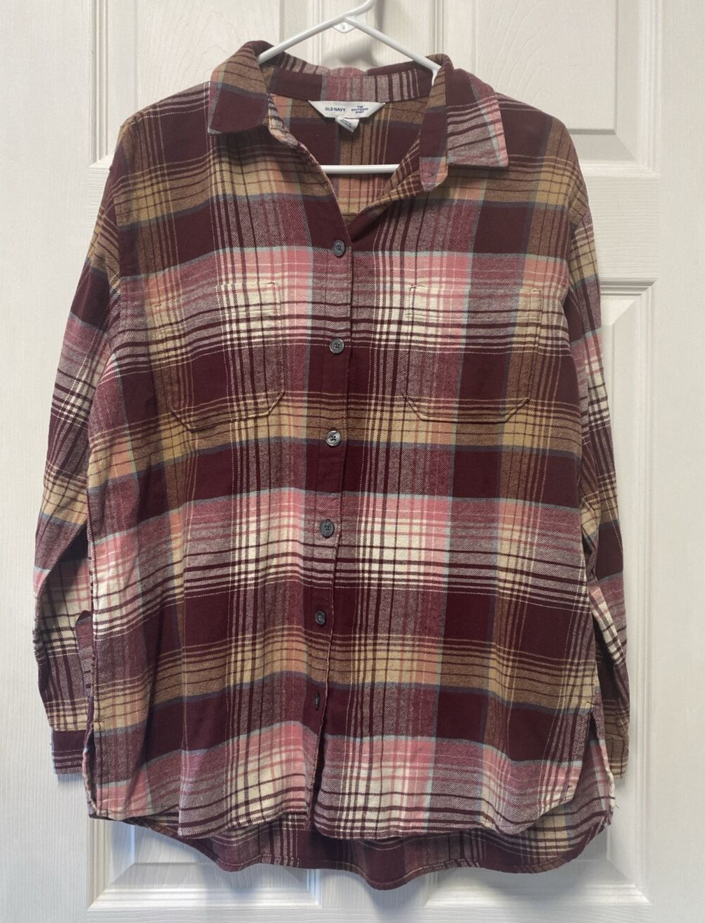 Old Navy Red Beige White Plaid Button Down Shirt M