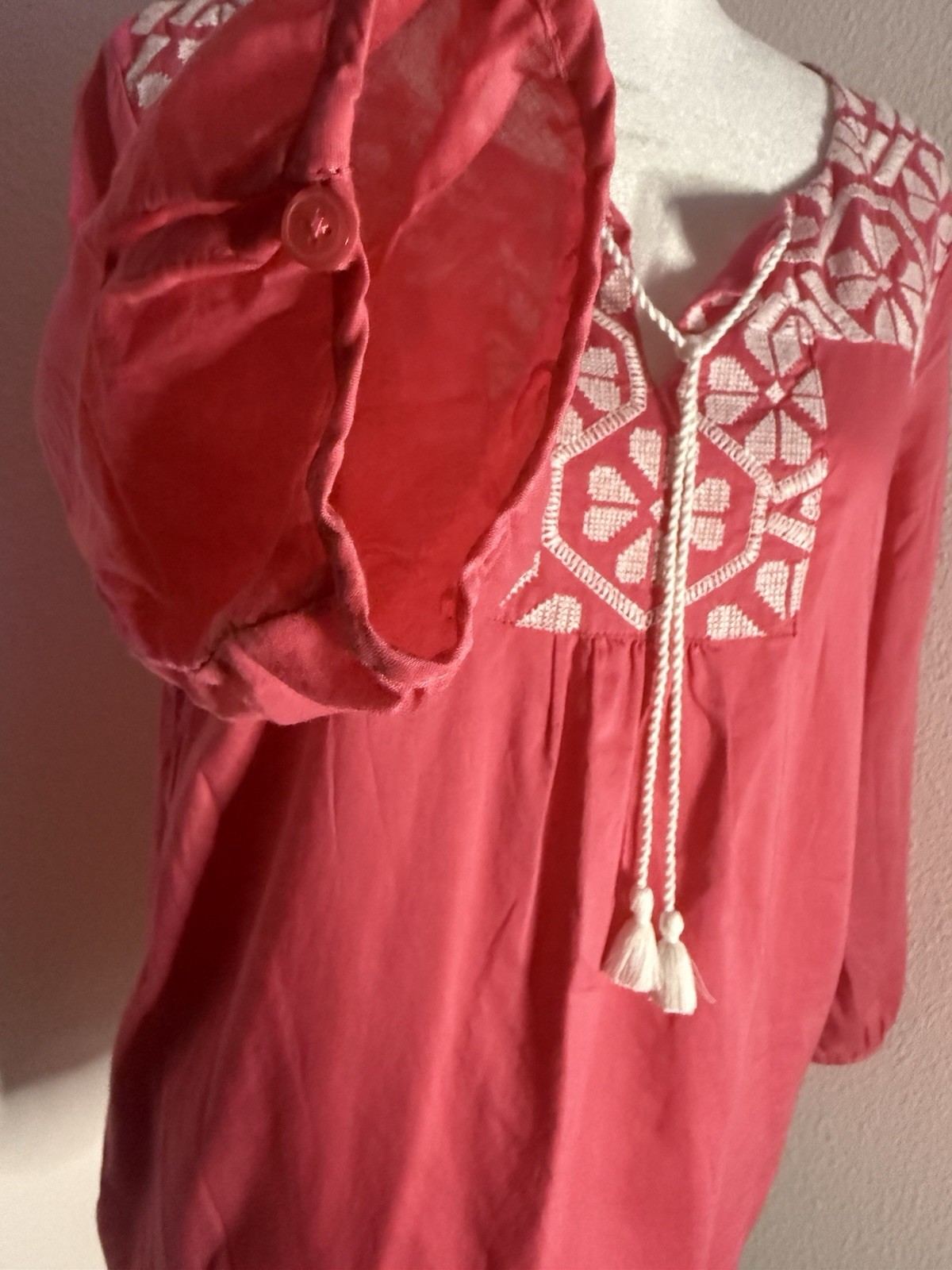 Talbots Petite Pink Embroidered Cotton Peasant Blouse Boho Tassel Top LP