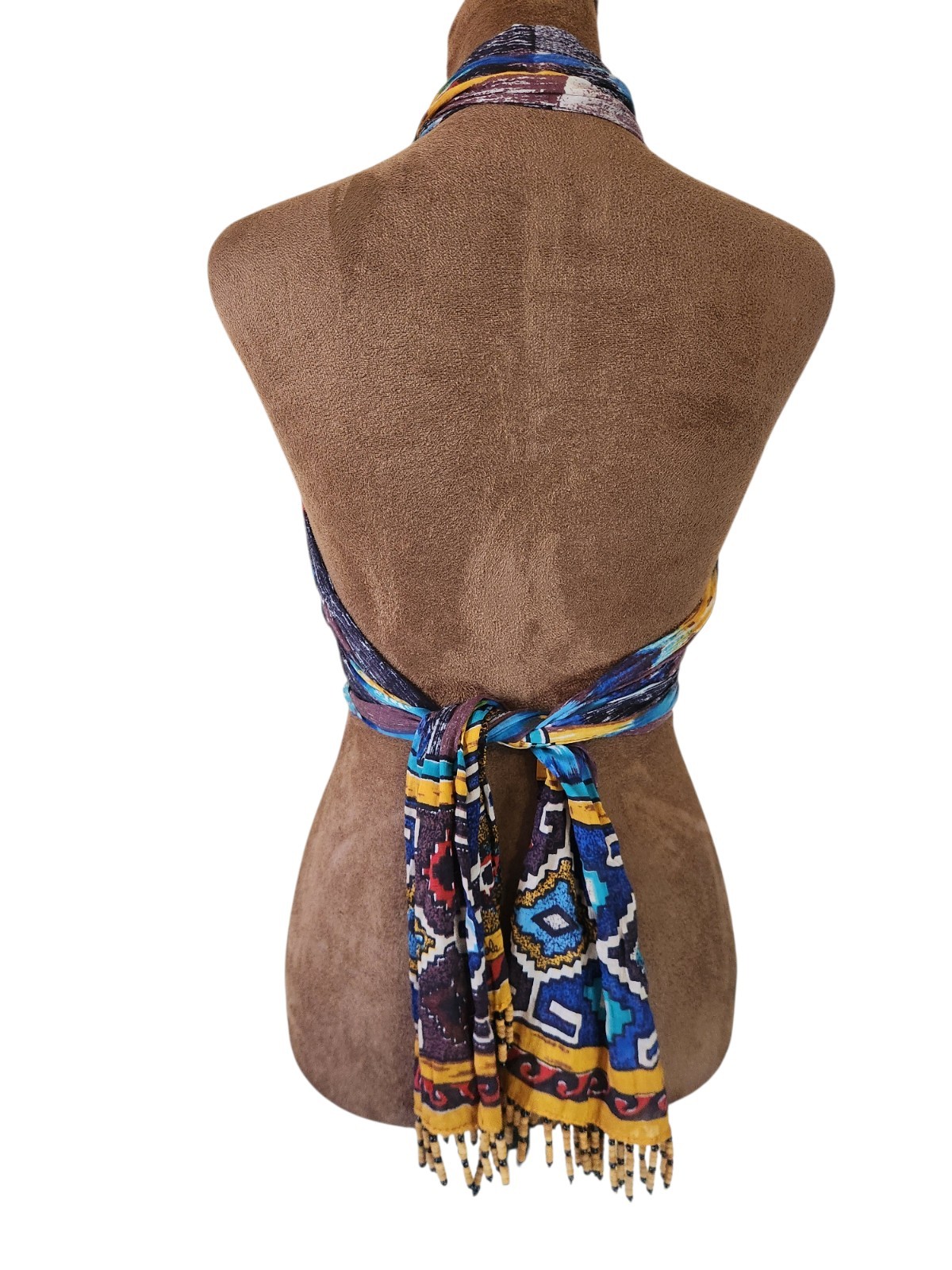 Bohemian Aztec Scarf Blue Yellow Beaded Fringe Multifunctional Long Lightweight