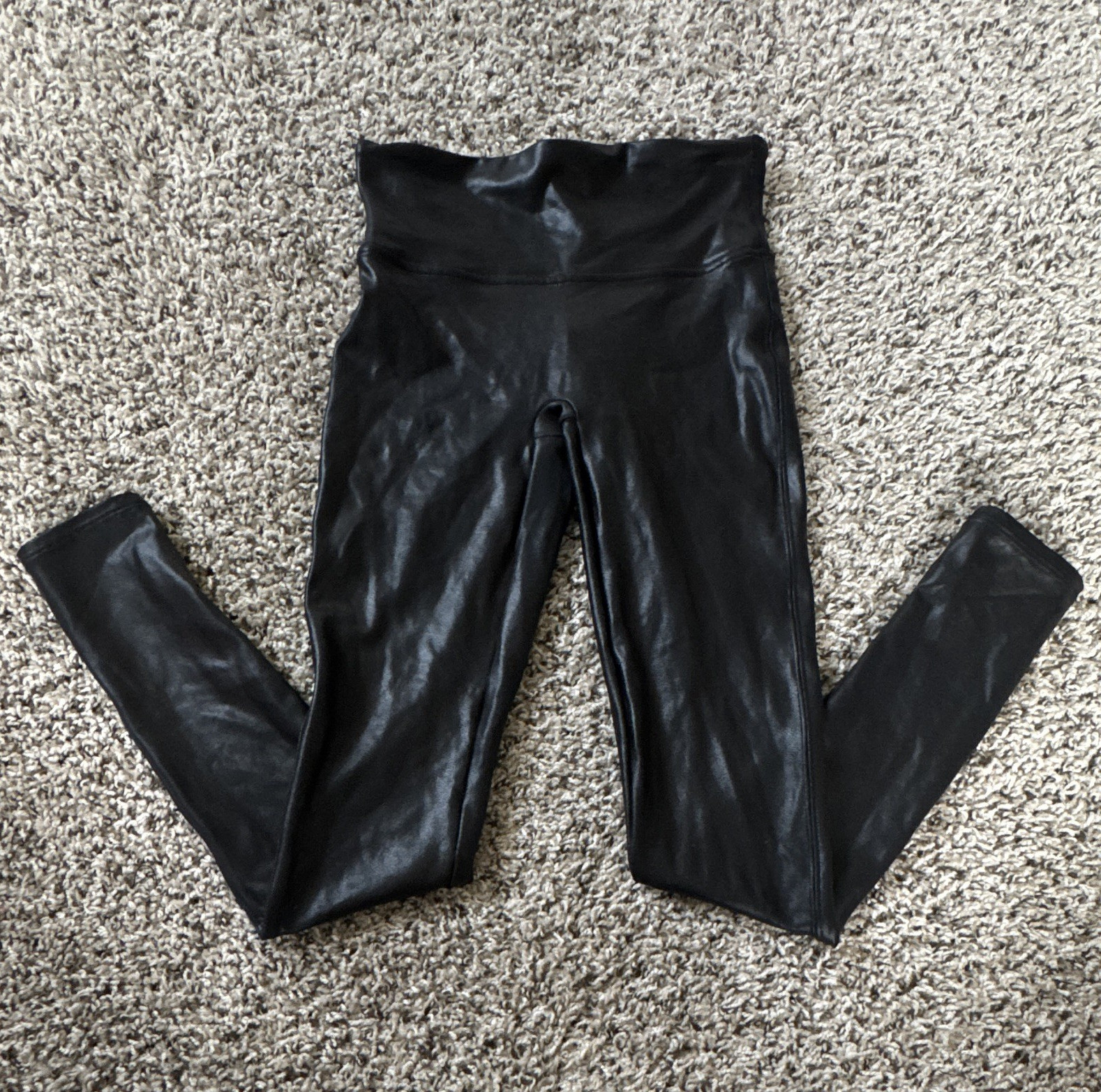 SPANX High-Waisted Firm Shapewear Leather Look Leggings Black S/P Stretch
