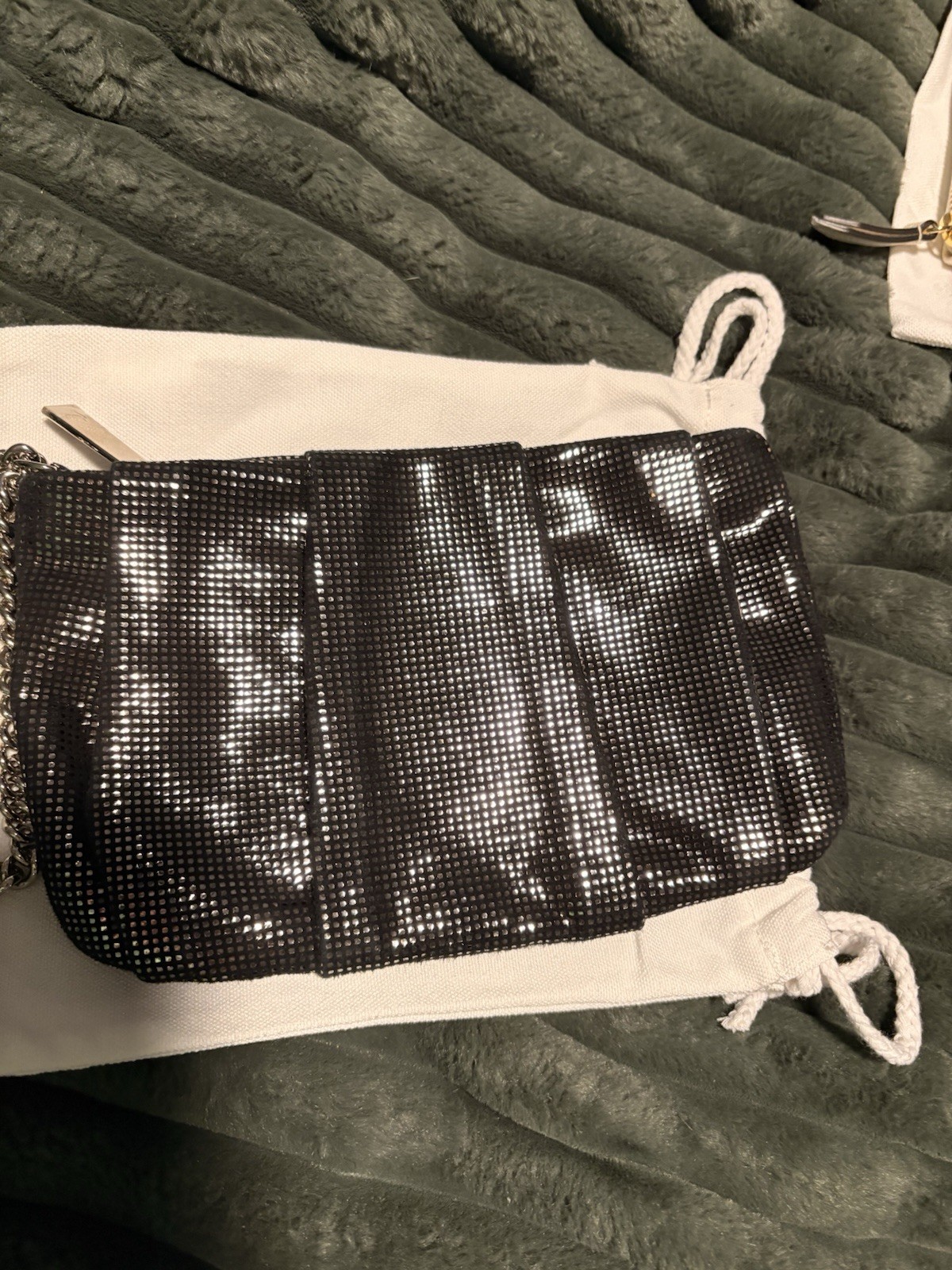Christian Louboutin Black Sparkle Zip Clutch Red Lining Chain Strap Dust Bag