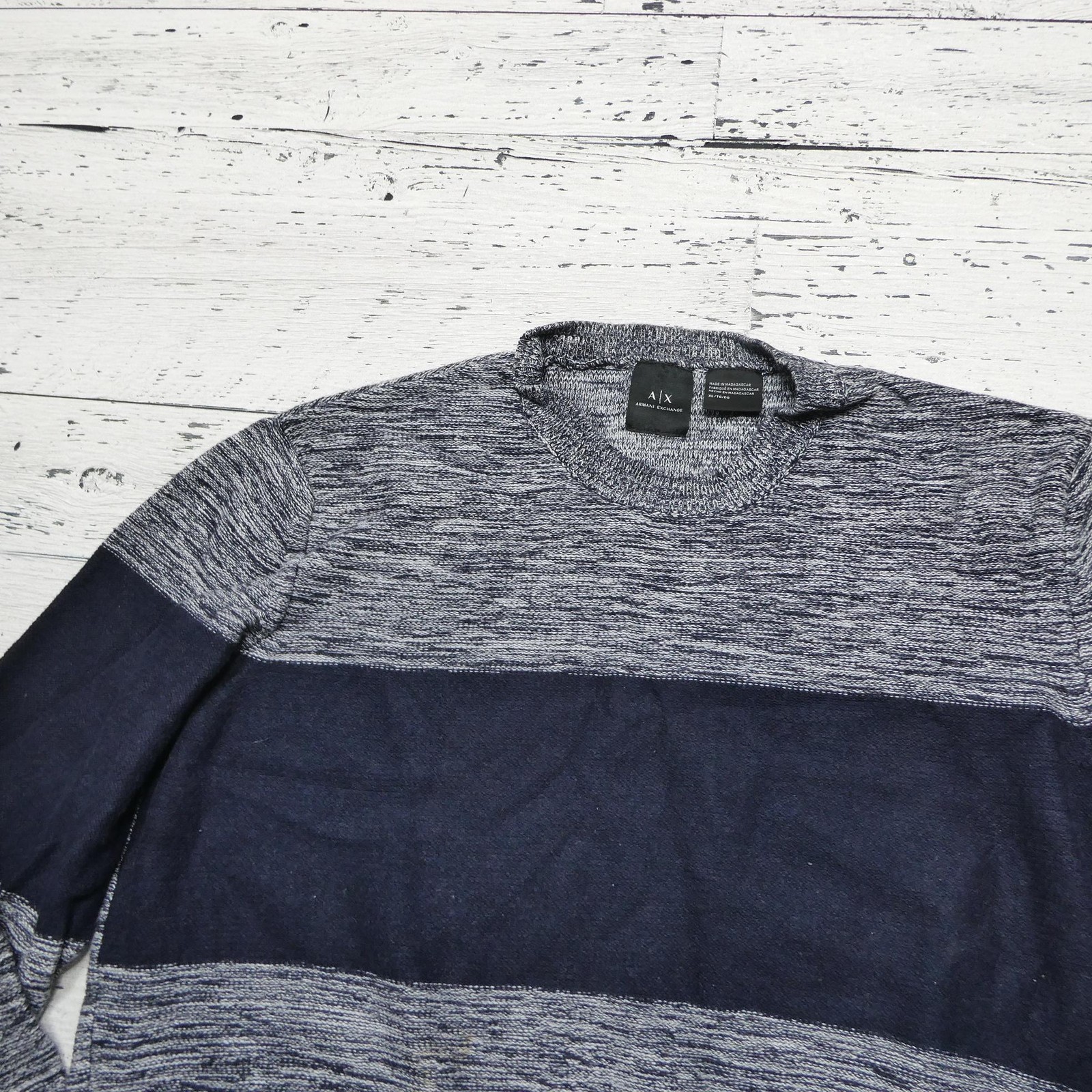 Armani Exchange Sweater Mens XL Gray Cotton Striped Crewneck Knit Pullover
