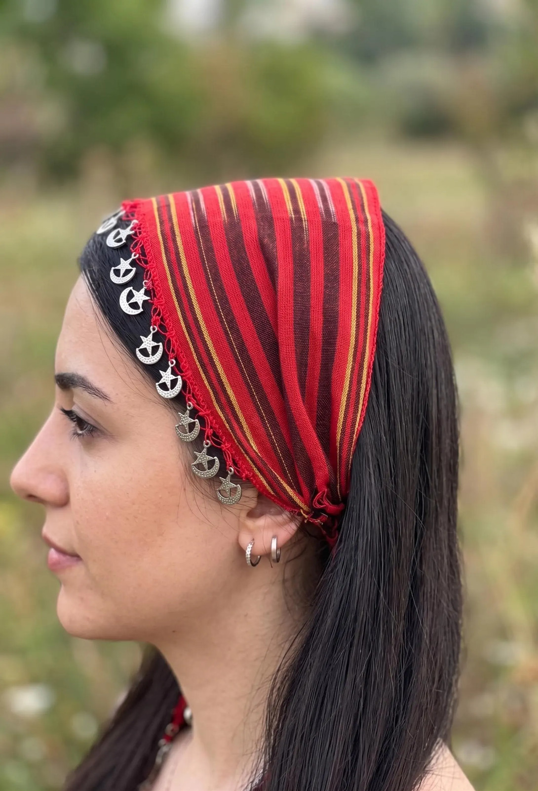 Turkish Keşan Cotton Bandana with Crescent Star Boho Hairband Handmade Unique