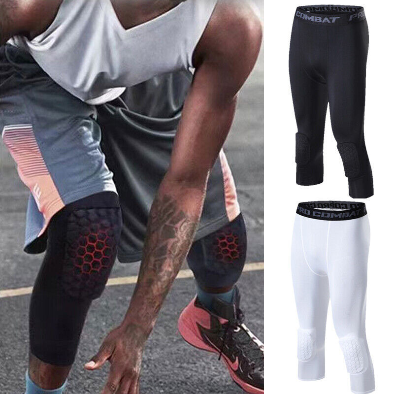 Men’s Basketball Sports Tight Pants 3/4 Compression Workout Leggings Knee Pads
