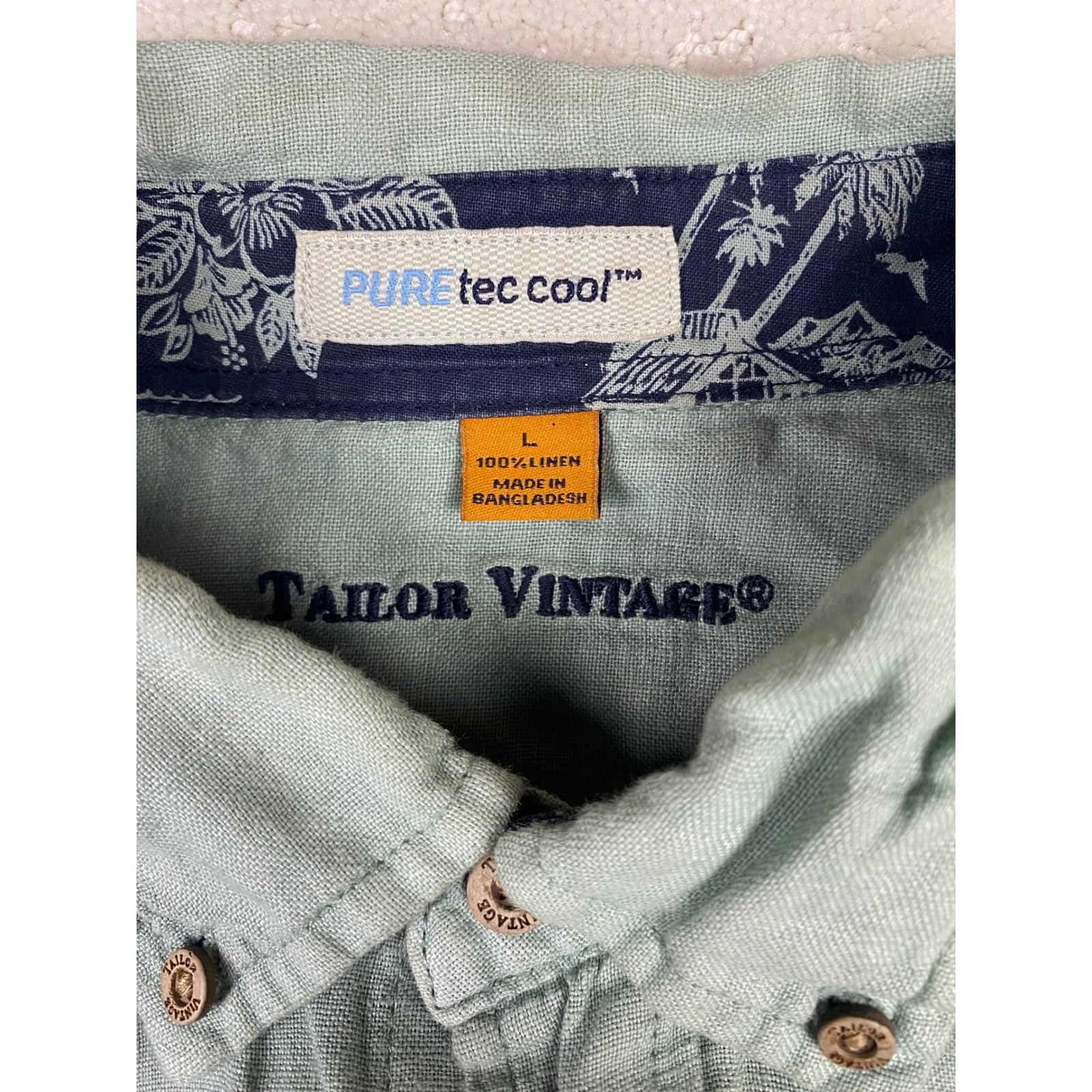 Tailor Vintage Linen Shirt Mens L Sage Green Long Sleeve Button Down Spots Noted