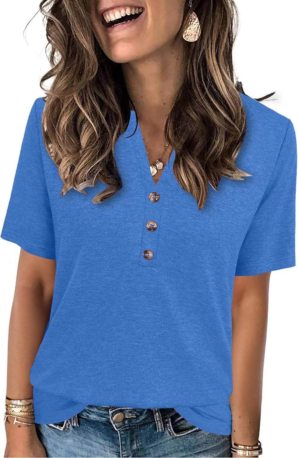 Women’s Short Sleeve Summer Top V Neck Button Down Casual Blouse for Work Beach
