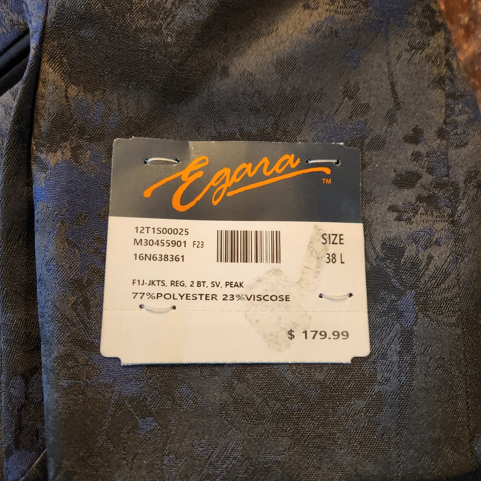 New Egara Tuxedo Jacket 38L Peak Lapel Brocade Dual Vent Dinner Jacket NWT -PROM