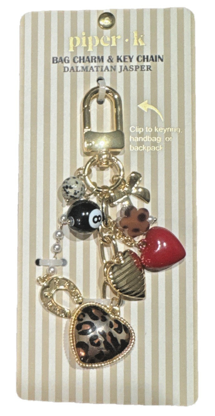New Piper K Bag Charm & Key Chain Dalmatian Jasper 8 Ball, Horseshoe, Hearts