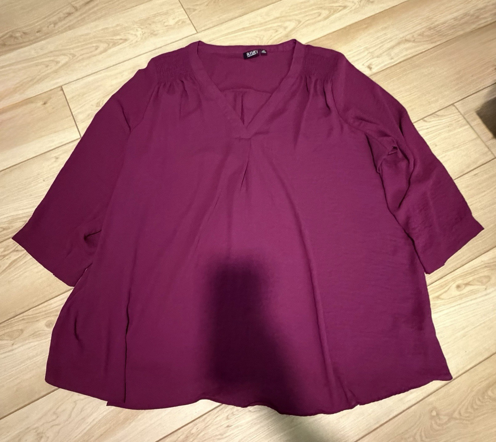a.n.a Women’s Purple Solid Pleated V-Neck 3/4 Sleeve Pullover Blouse 2X
