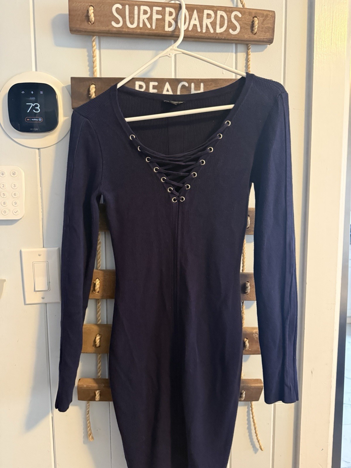 GUESS Women’s Navy Bodycon Knit Long Sleeve Lace-Up Grommet Dress Size M