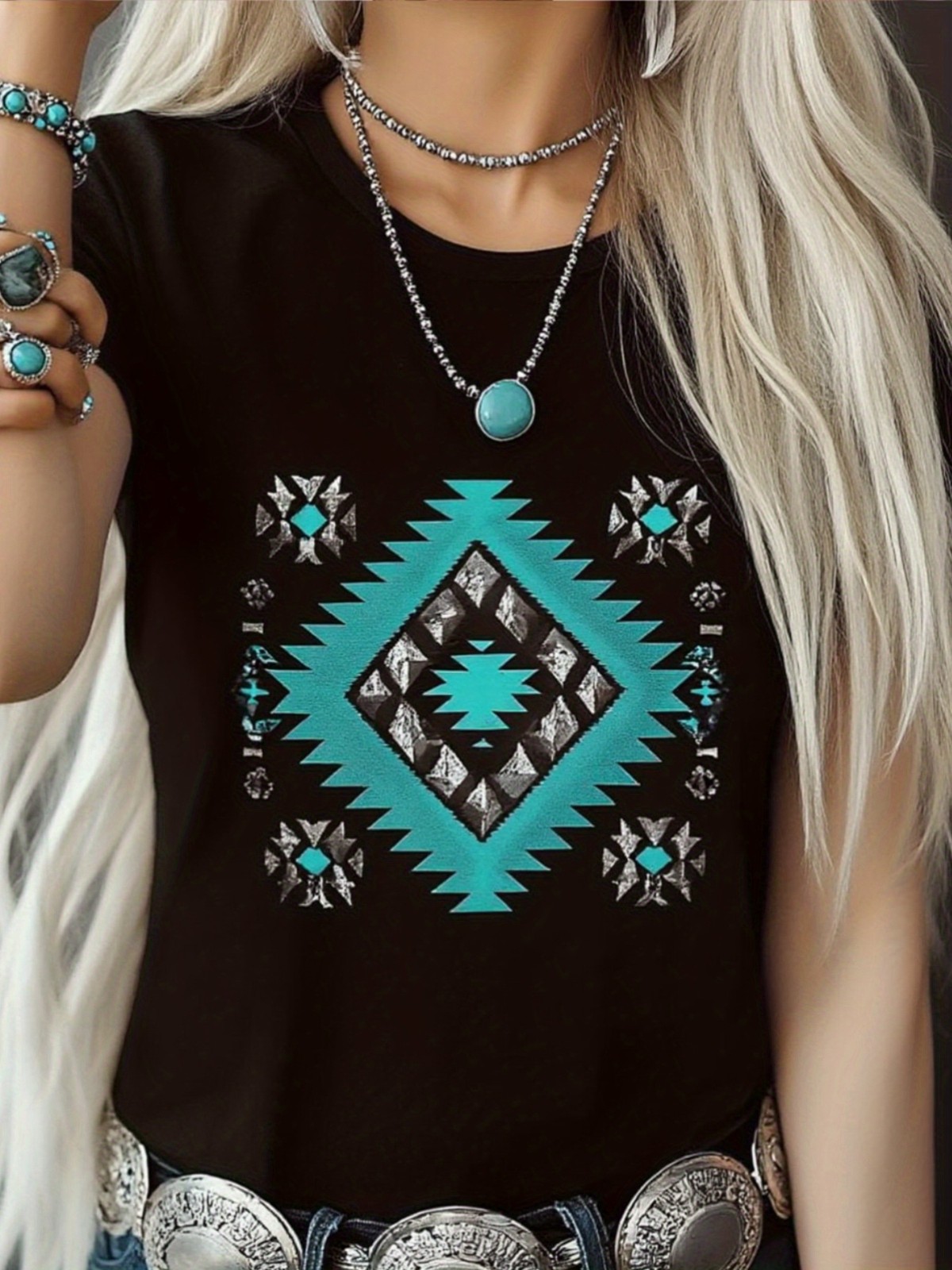 Women Southwestern Green Diamond Graphic T-Shirt Casual Summer Tee