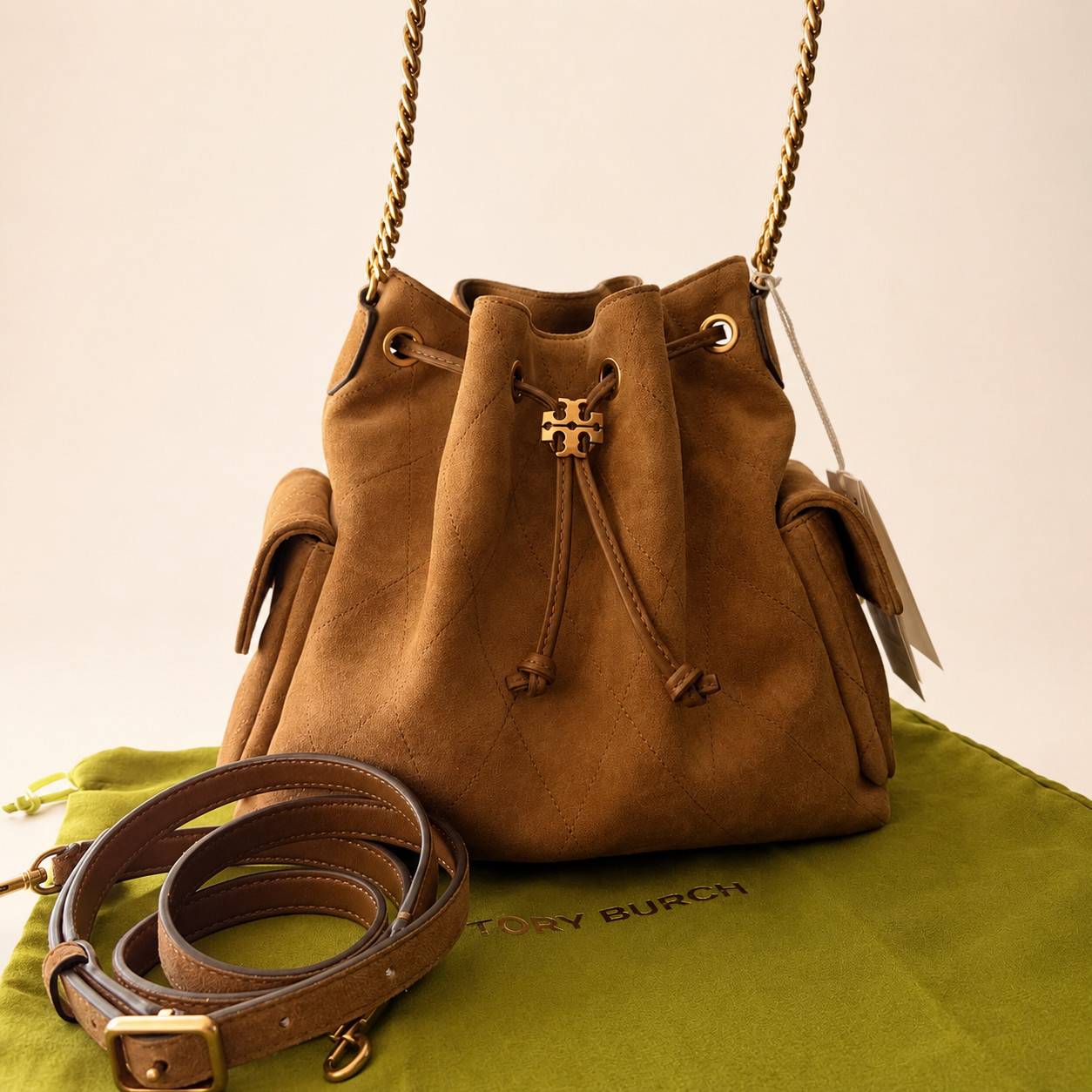 Authentic Tory Burch Charlie Quilted Toffee Suede Drawstring Bag Wild Tabacco