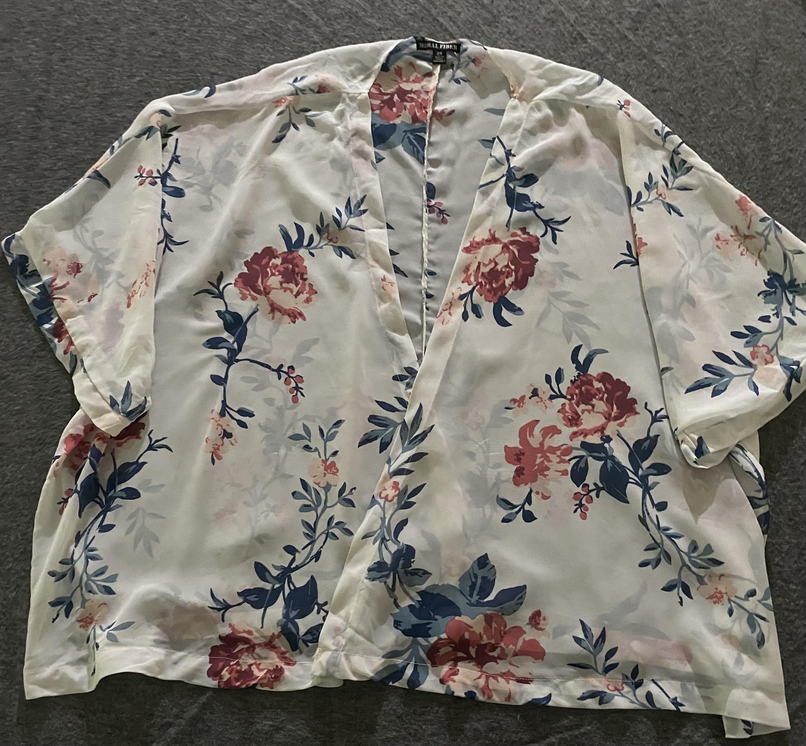 Moral Fiber Kimono Cardigan Womens 2XL White Floral Sheer Lightweight Open Front