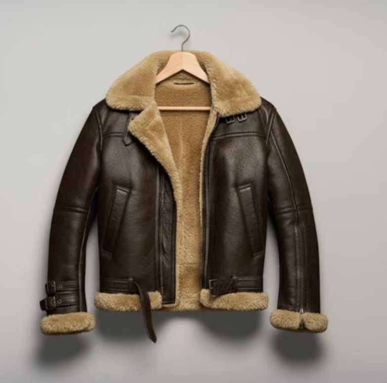 Men B3 Shearling Aviator Jacket Brown Leather Bomber Flight Jacket Winter Coat