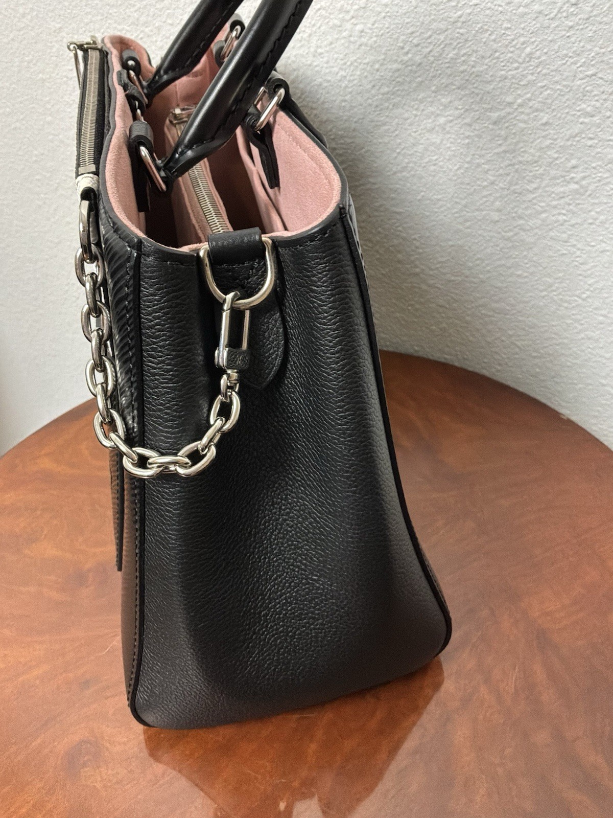 Louis Vuitton Monogram Satchel MM Top Handle Bag Black Zip w/ Strap Silver