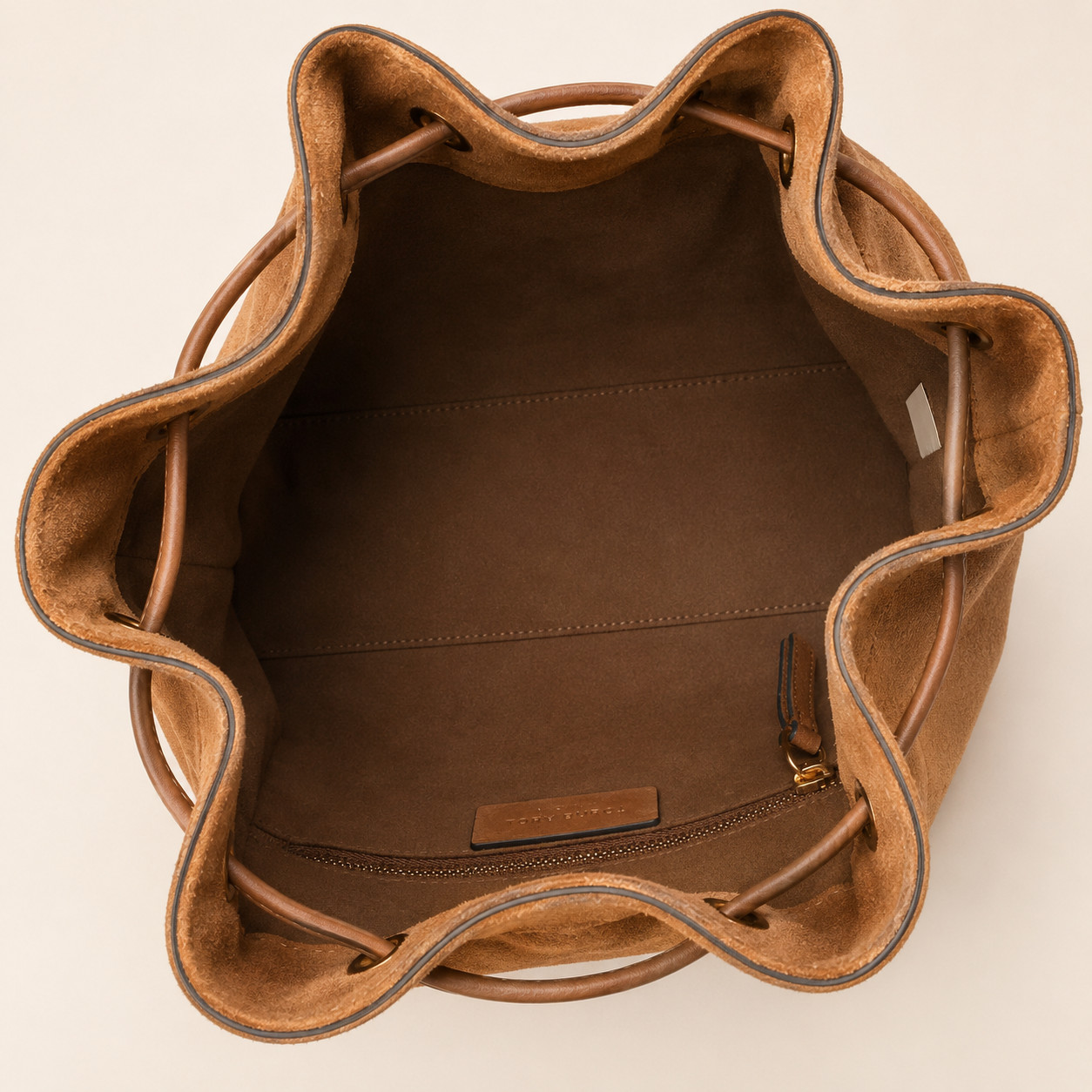 Authentic Tory Burch Charlie Quilted Toffee Suede Drawstring Bag Wild Tabacco
