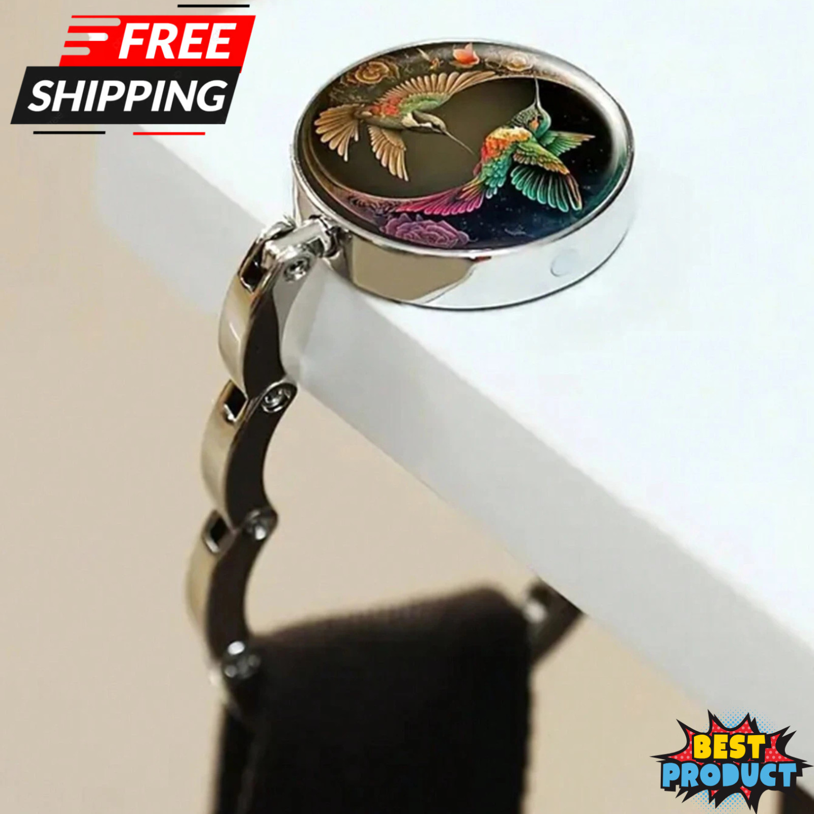 Portable Purse Folding Hanger Desk Handbag Holder Hook Hummingbird Marble Style