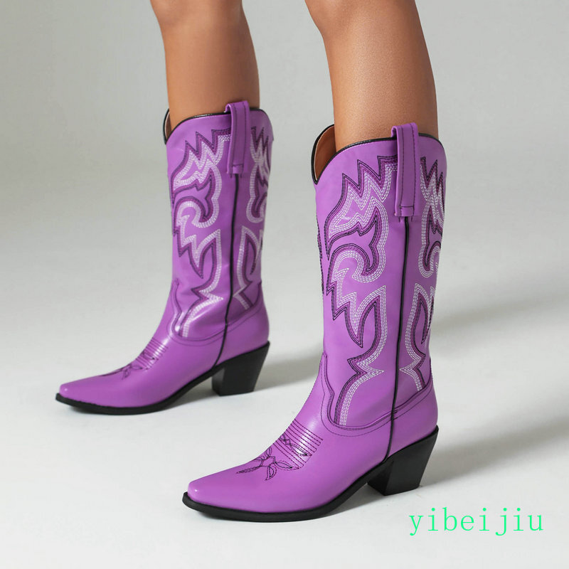 Women’s Western Cowboy Mid Calf Boot Embroidery Sweet Candy Heel Leather Shoes