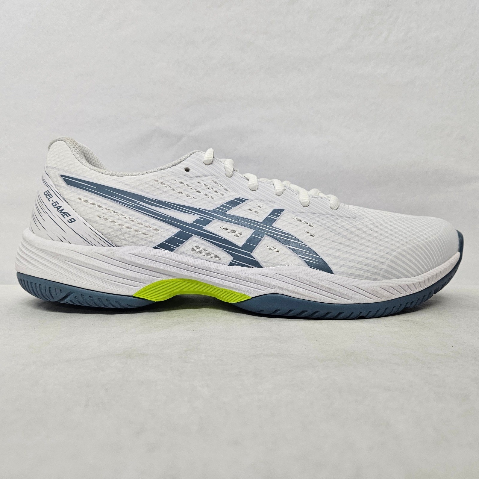 Asics Gel-Game 9 Tennis Shoes 1041A337-101 White Steel Blue Mens Size 7.5