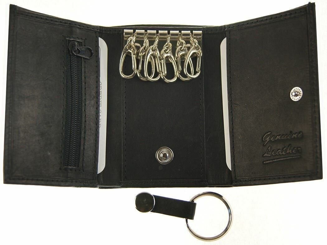 Genuine Leather Men’s Key Holder Accessory Easy 6 + Key Chain Wallet Case Black