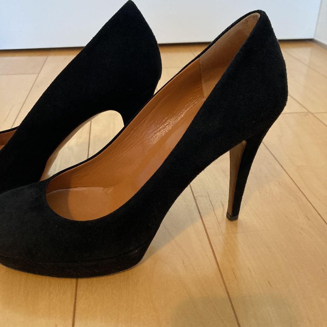 Gucci Suede Pumps Black Leather Round Toe 7.1-10cm Pin Heel Used Excellent
