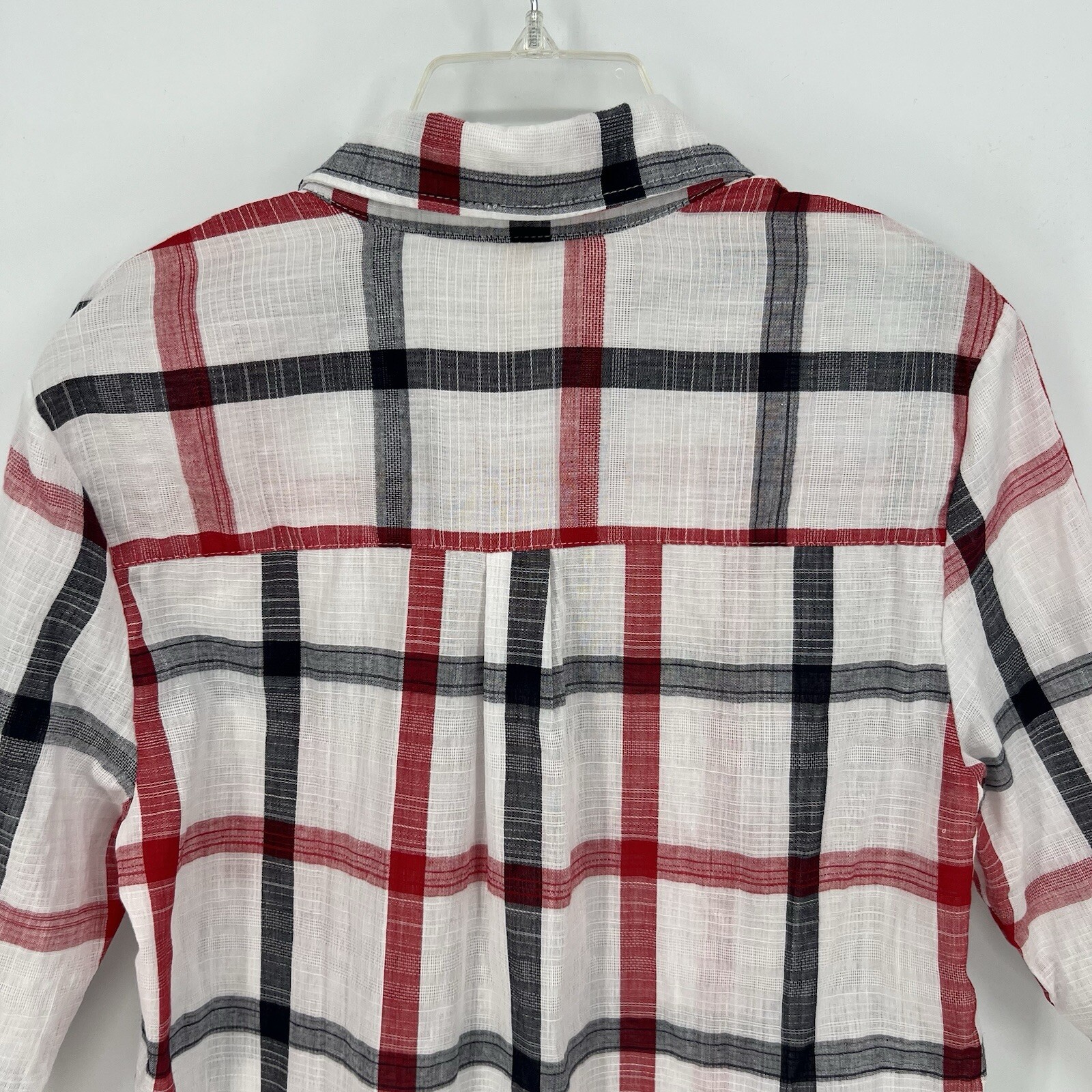 Mybeloved Top Women’s White, Red & Navy Plaid Button-Up w/Roll Tab Sleeves NWOT