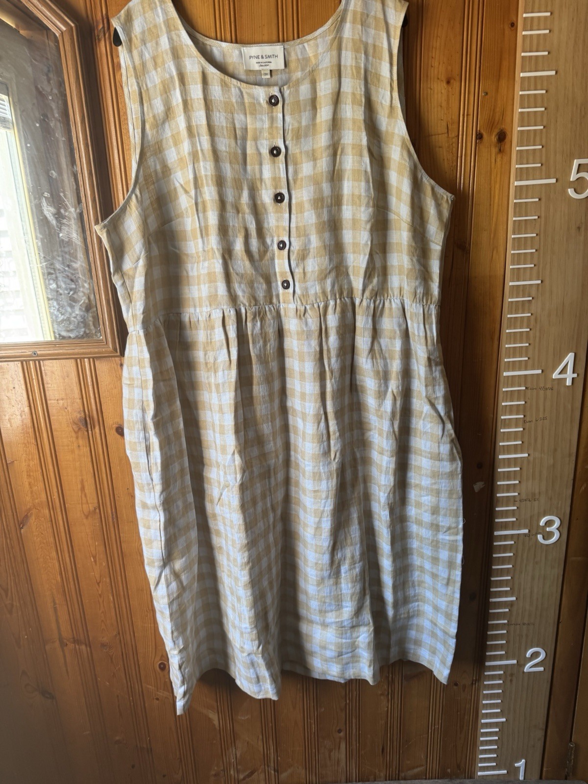 Pyne & Smith Women’s 3X Plus Beige/White Gingham Sleeveless Scoop Button Dress