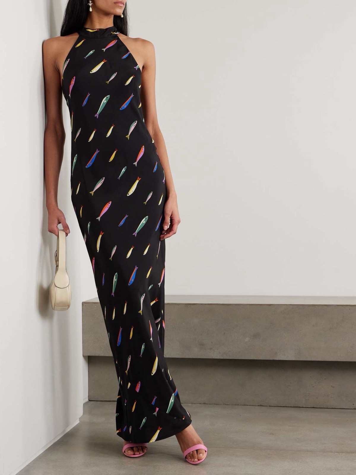 NWT Staud Women’s Black Silk Pop Sardine Print Halter Winnie Maxi Dress Size 4