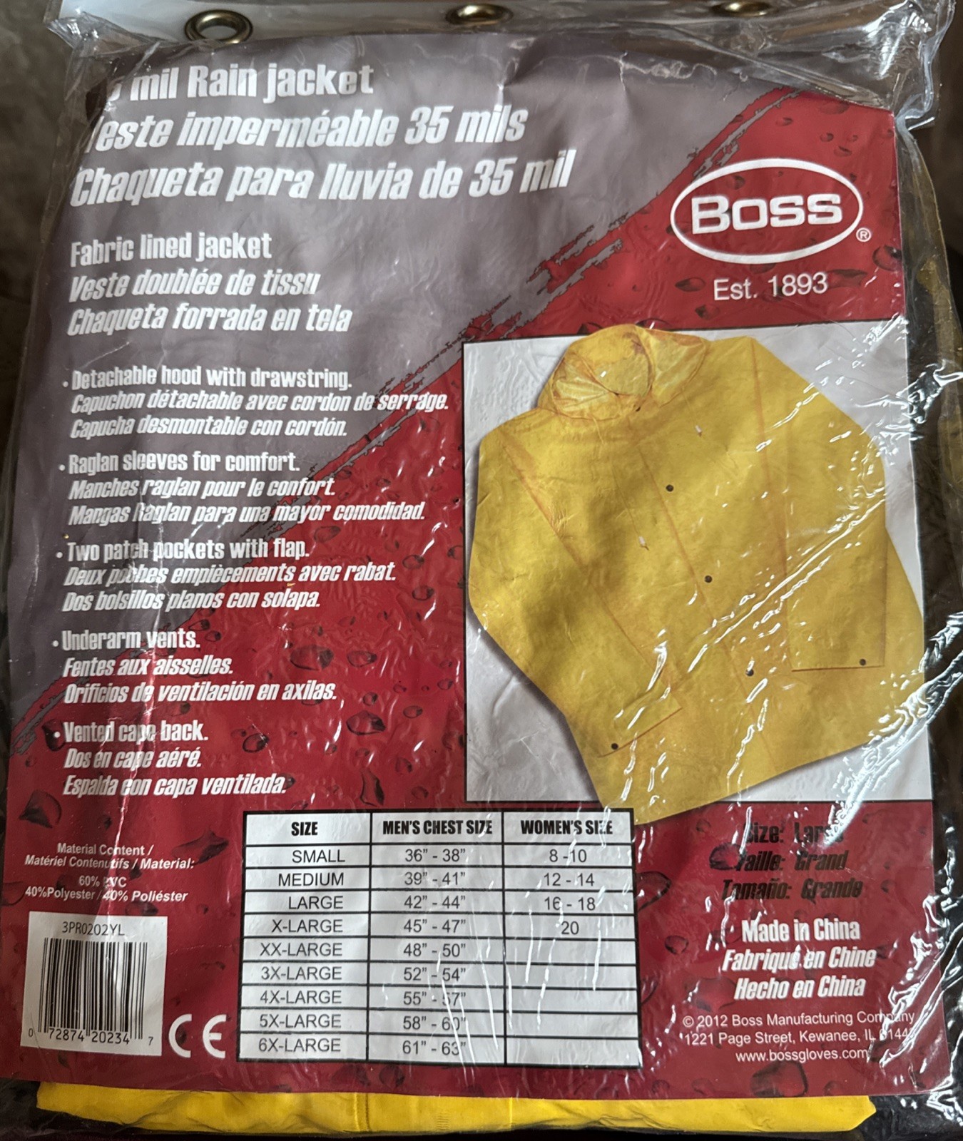 New Boss 35 Mil Fabric Lined PVC Rain Jacket With Hood Yellow Size Large