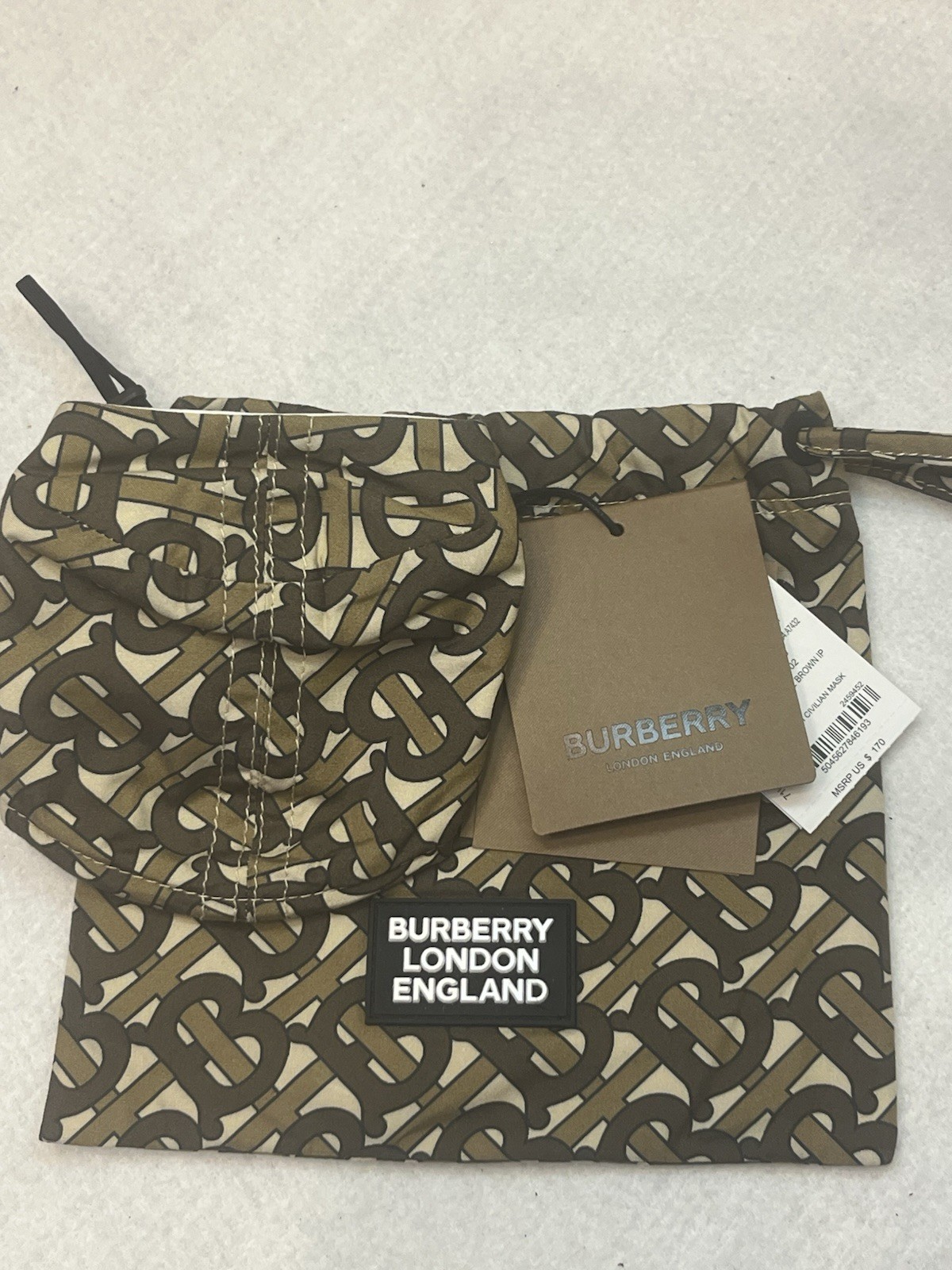 Burberry Monogram Cotton Adjustable Face Mask w/ Drawstring Pouch One Size