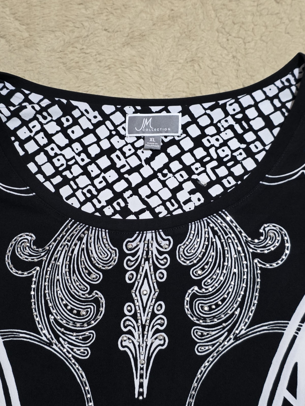 JM Collection Black and White Rhinestone Embellished Kimono Sleeve Top XL