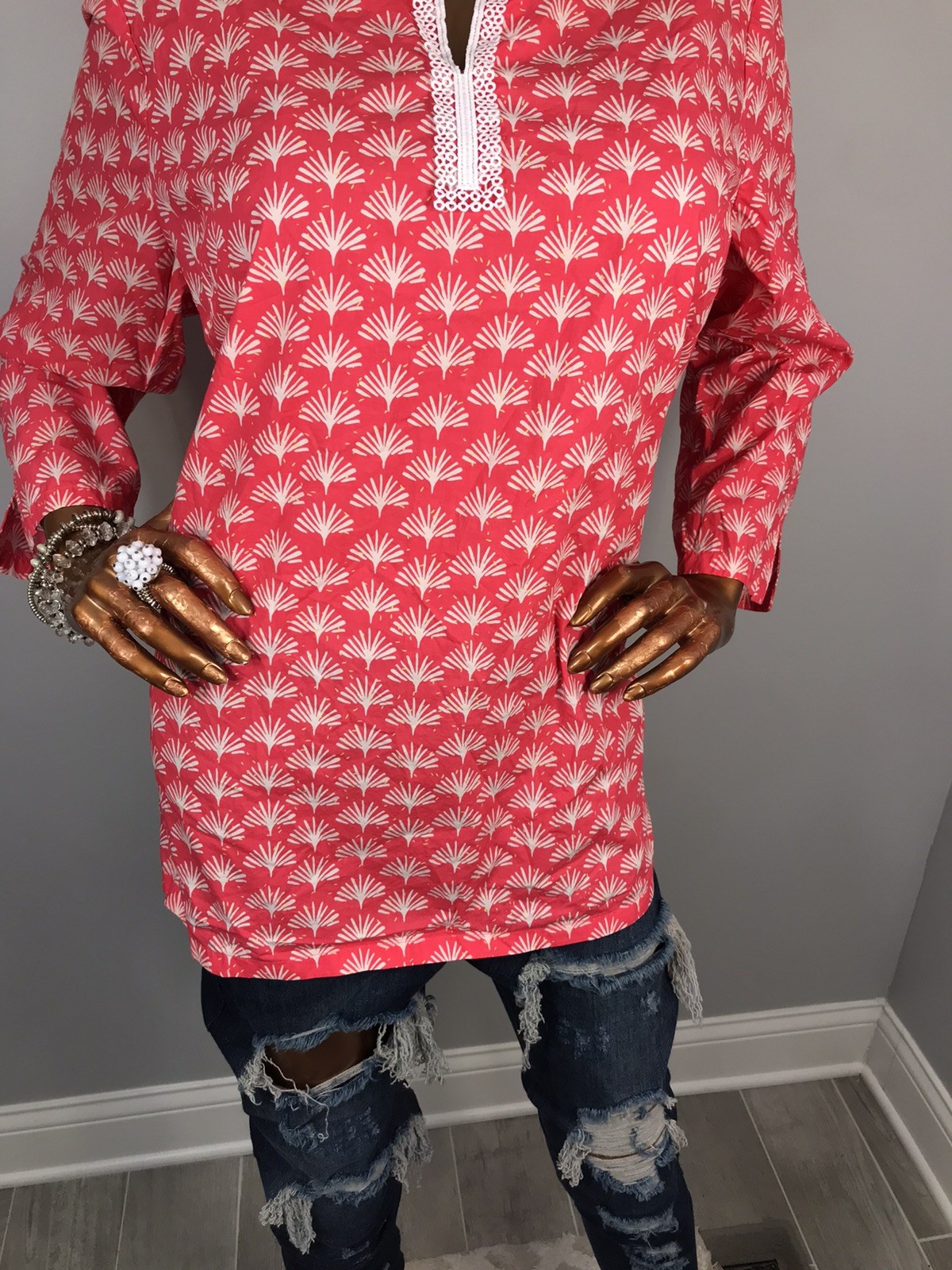 Talbots XL Top Low V Cut Pink White Print Shirt Soft 3/4 Slv Blouse Tunic