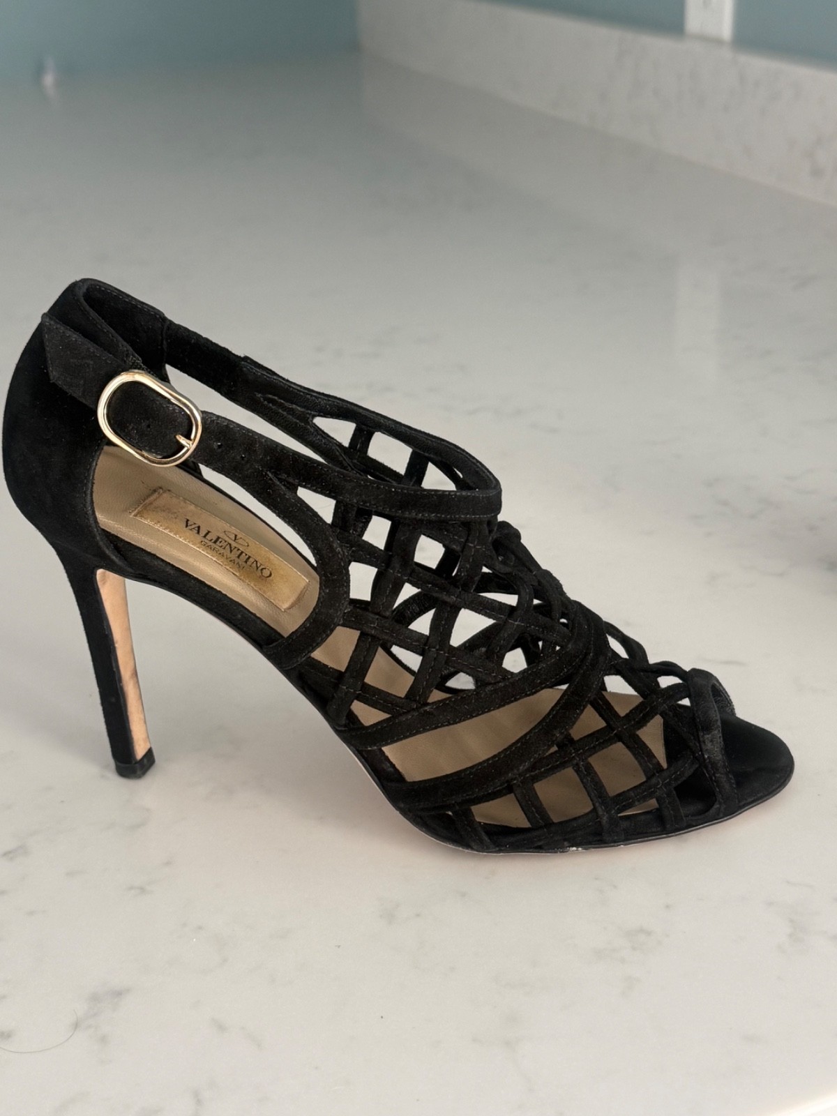 Valentino Garavani Black Suede Caged Lattice Sandals Heels Pump 37.5 Box Luxury