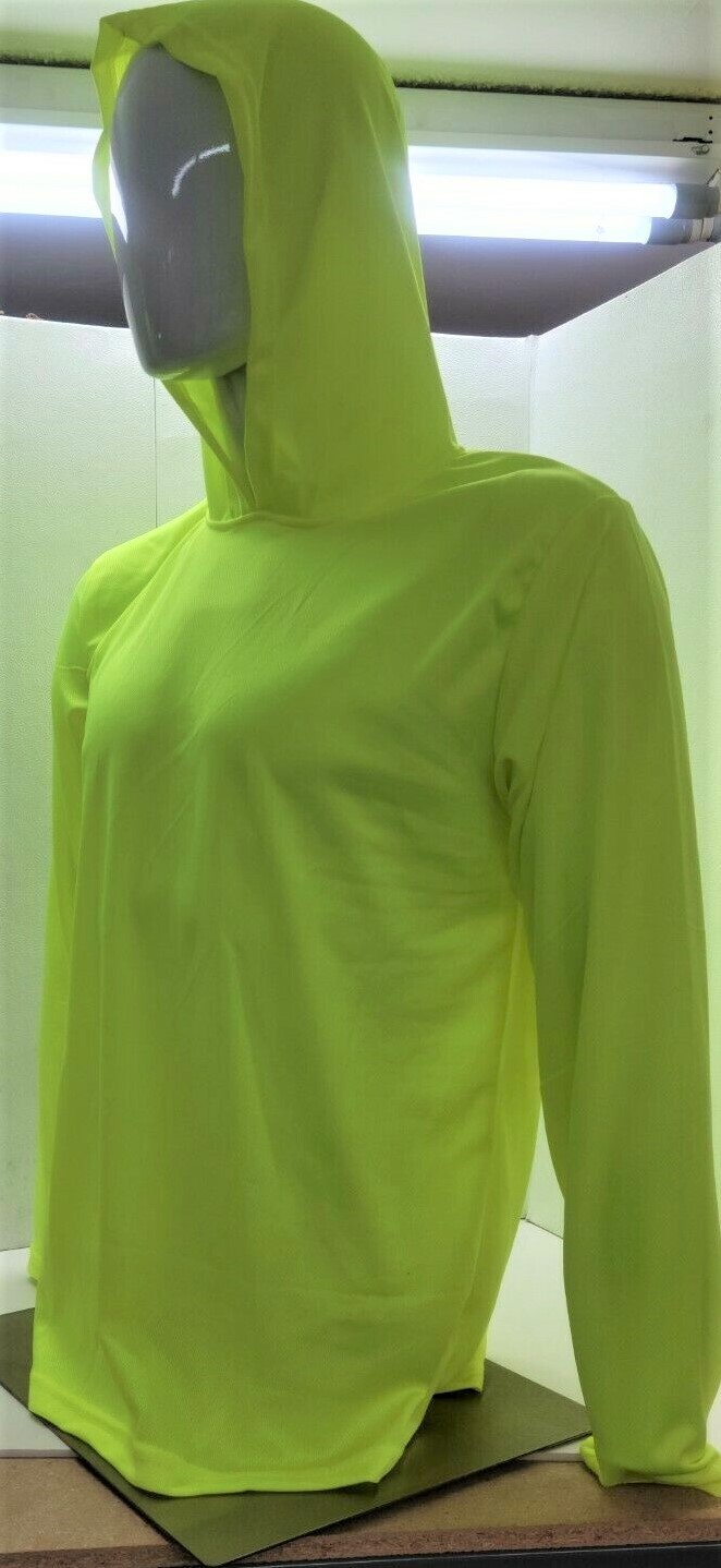 Neon Yellow Long Sleeve Shirt With Hoodie, Polyester birdeye mesh fabric