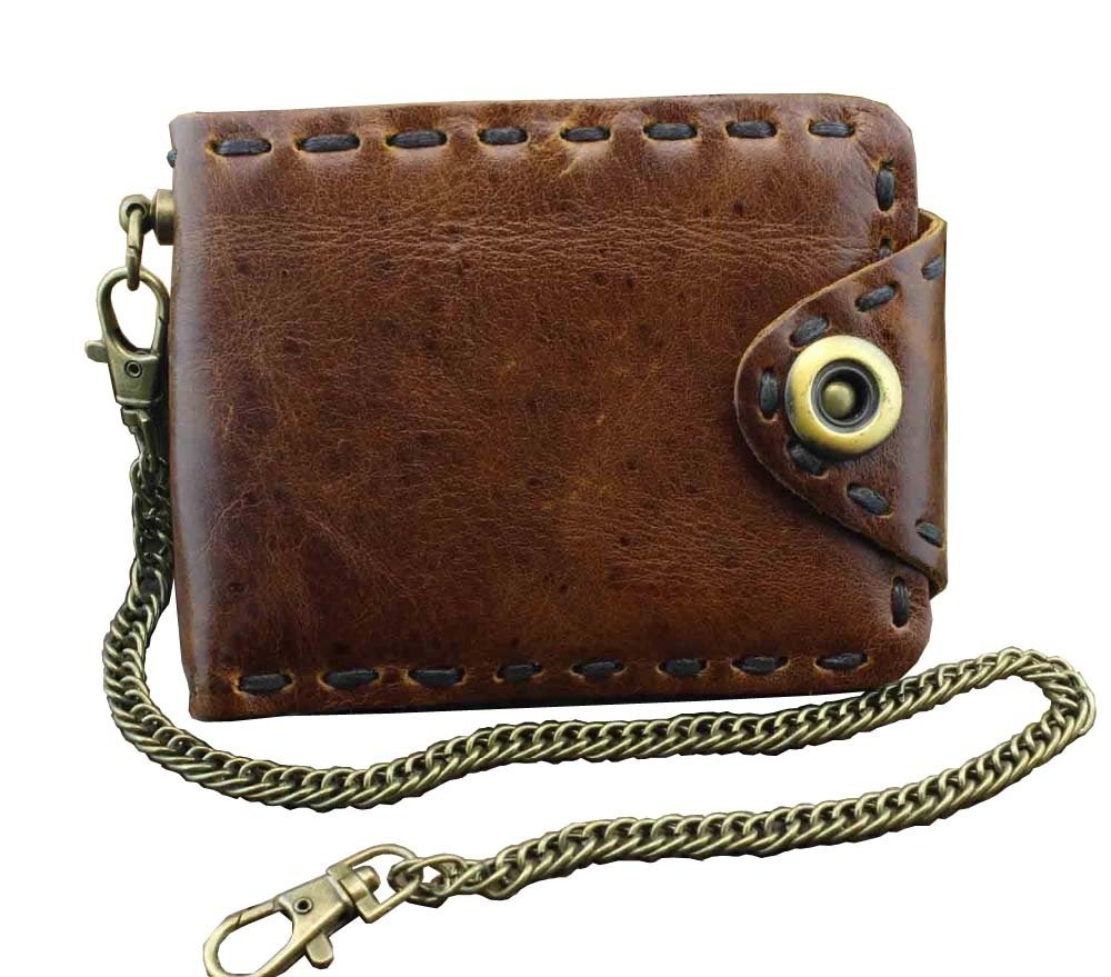 Vintage Biker Leather Bifold Snap Wallet With Chain for Mens or Boys