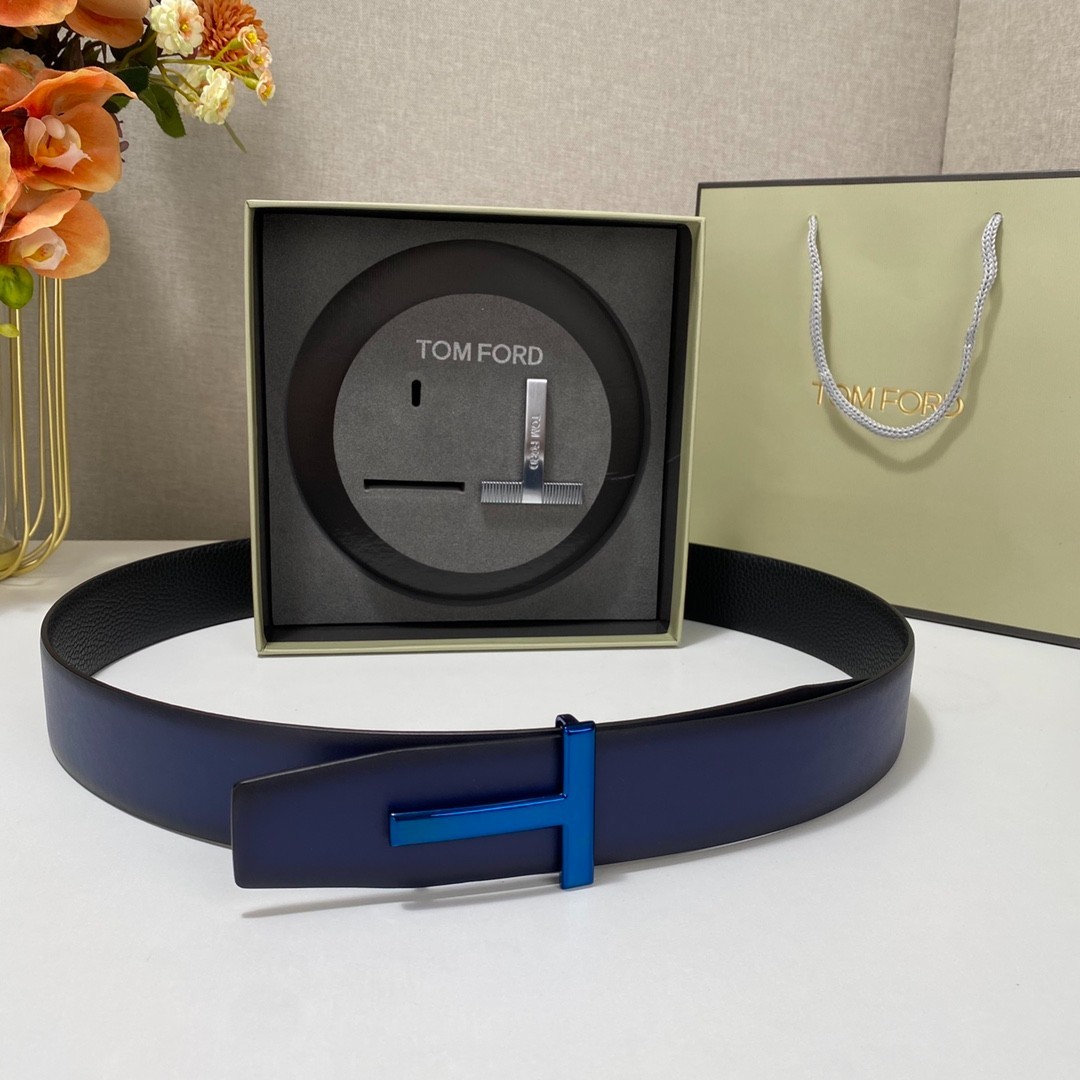 Tom Ford Mens T Logo Blue/Black Leather Dress Belt S.S. Buckle